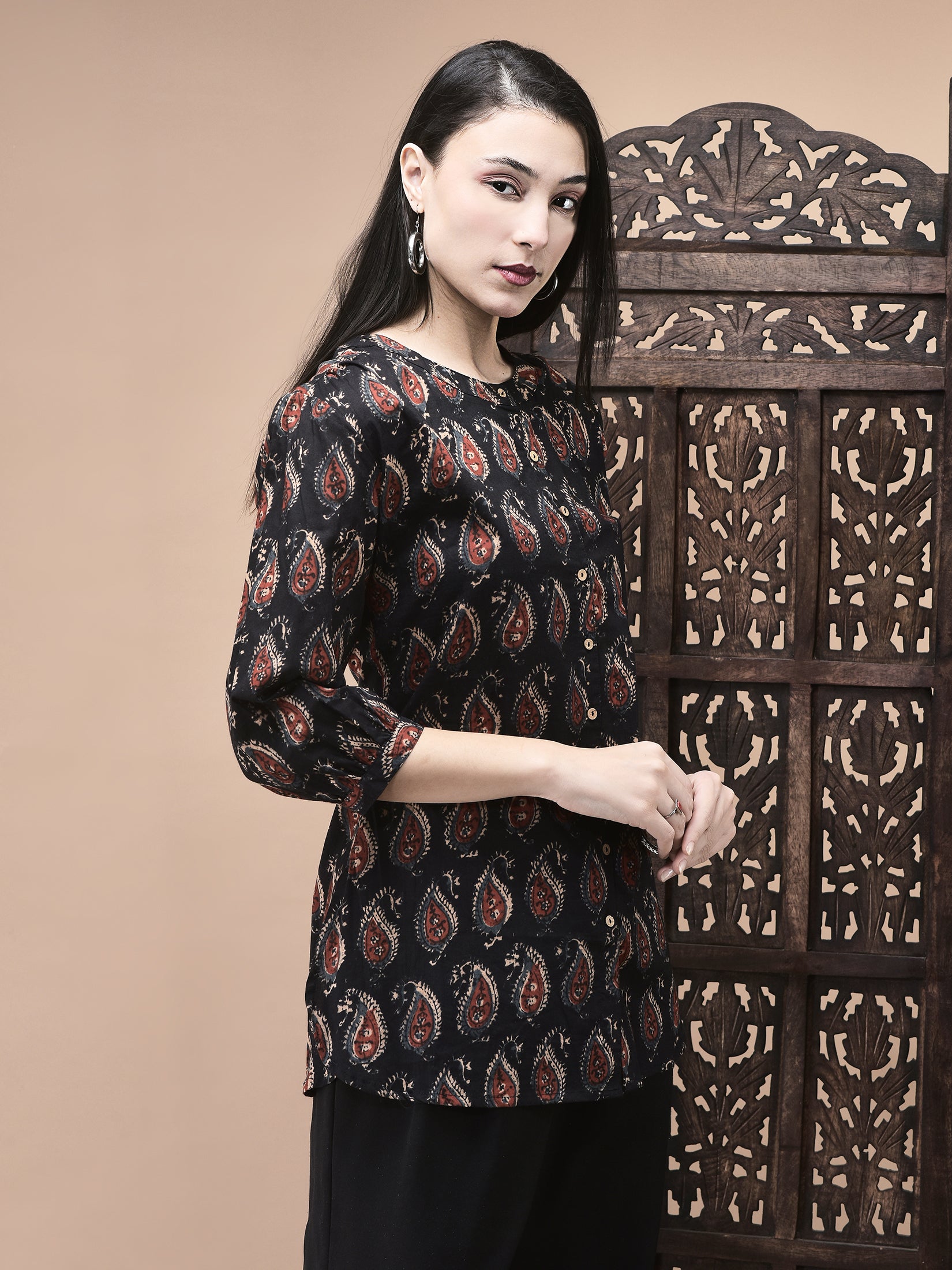 Women Cotton Black Jaipur Motifs Print Tunic