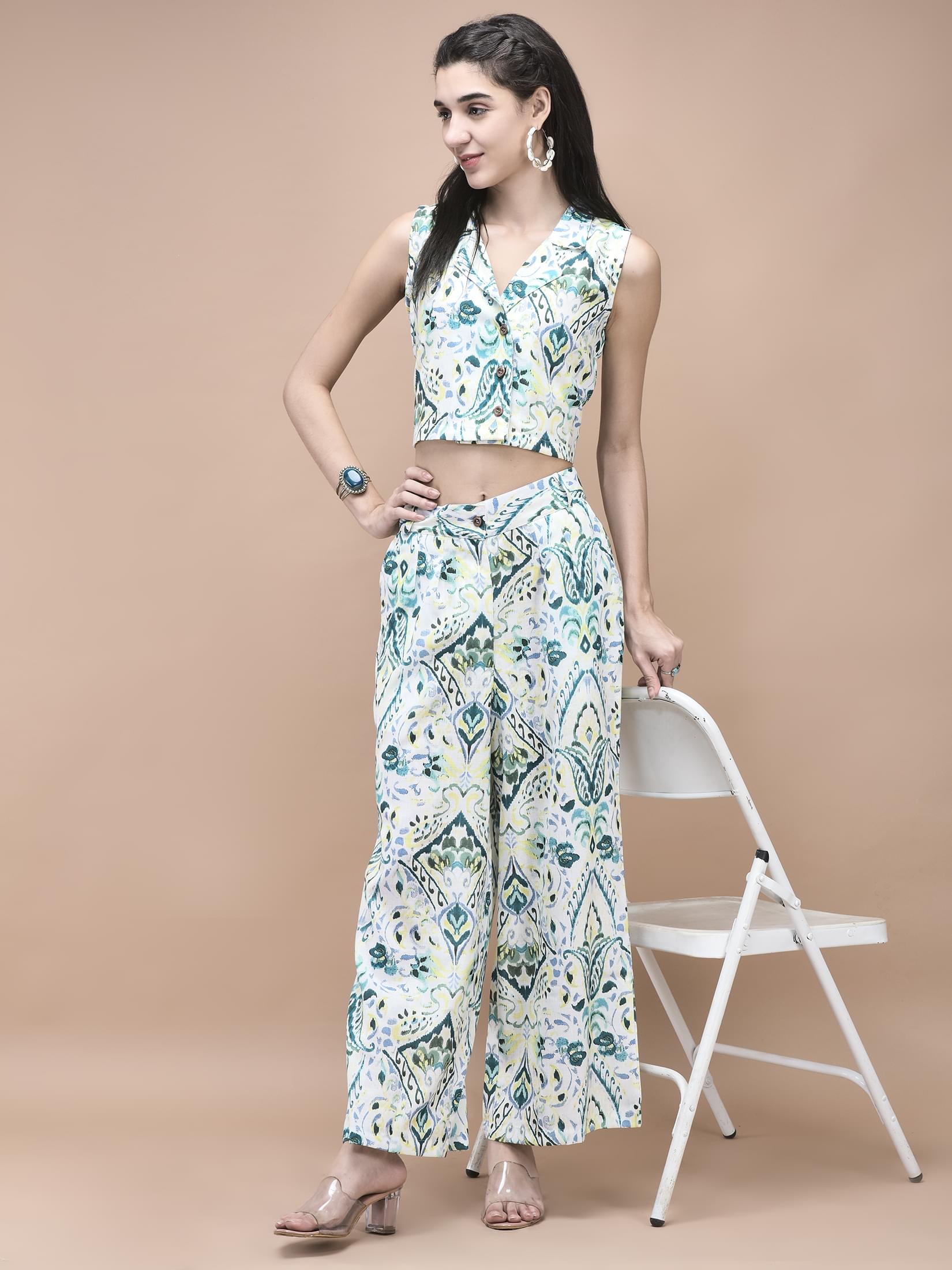 Fern green graphic Ikat print pure linen sustainable style fashion co-ord set
