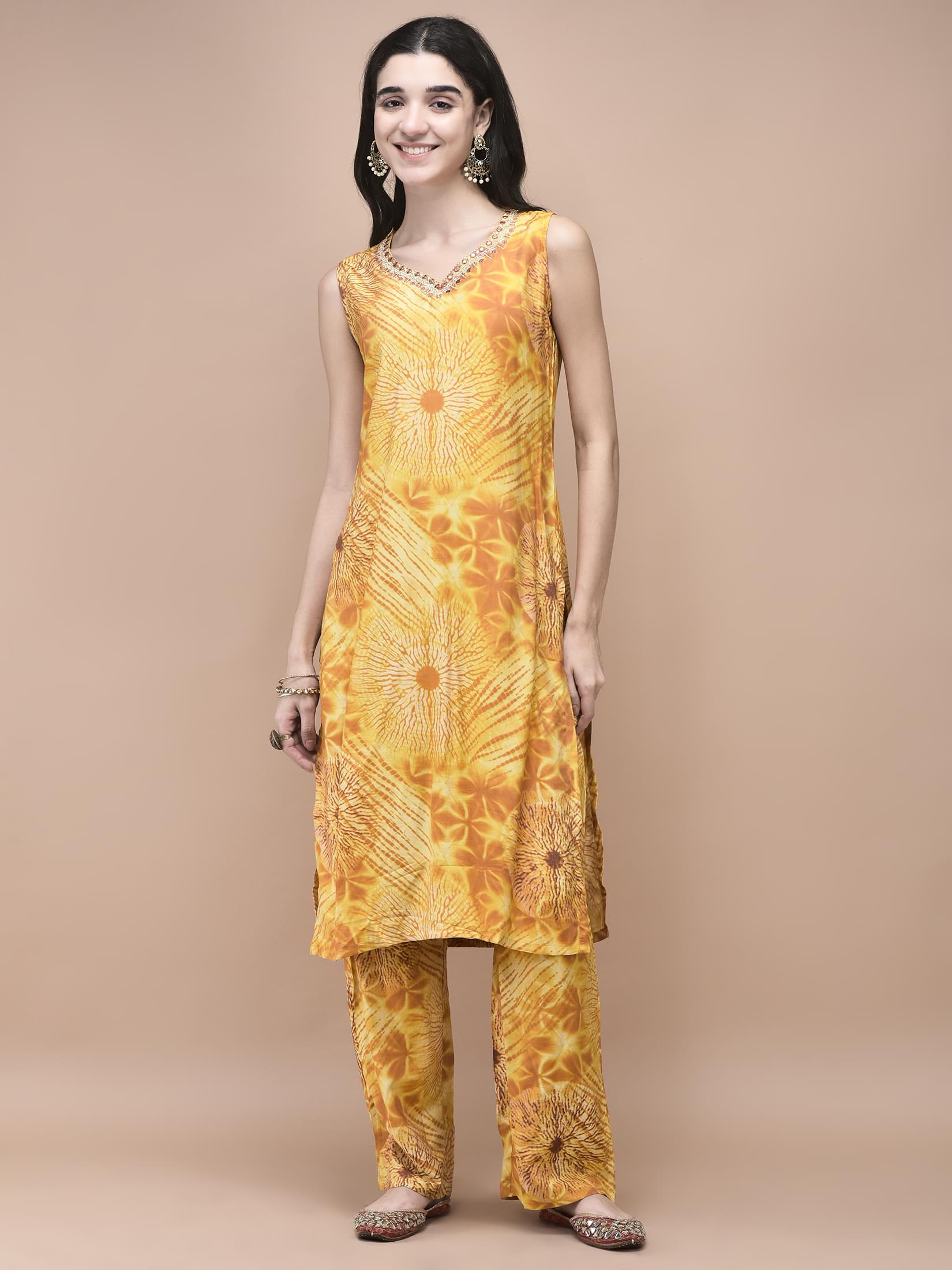 Women Liva Mustard Tie Dye Print embroidered Kurta Comfort Pant Dupatta.