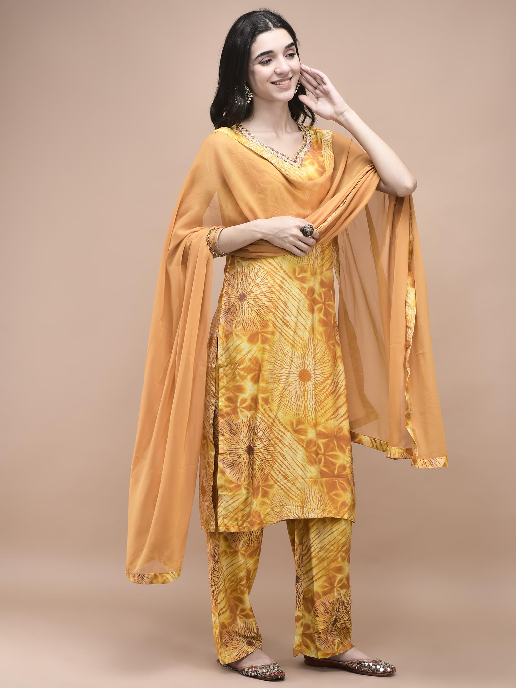Women Liva Mustard Tie Dye Print embroidered Kurta Comfort Pant Dupatta.