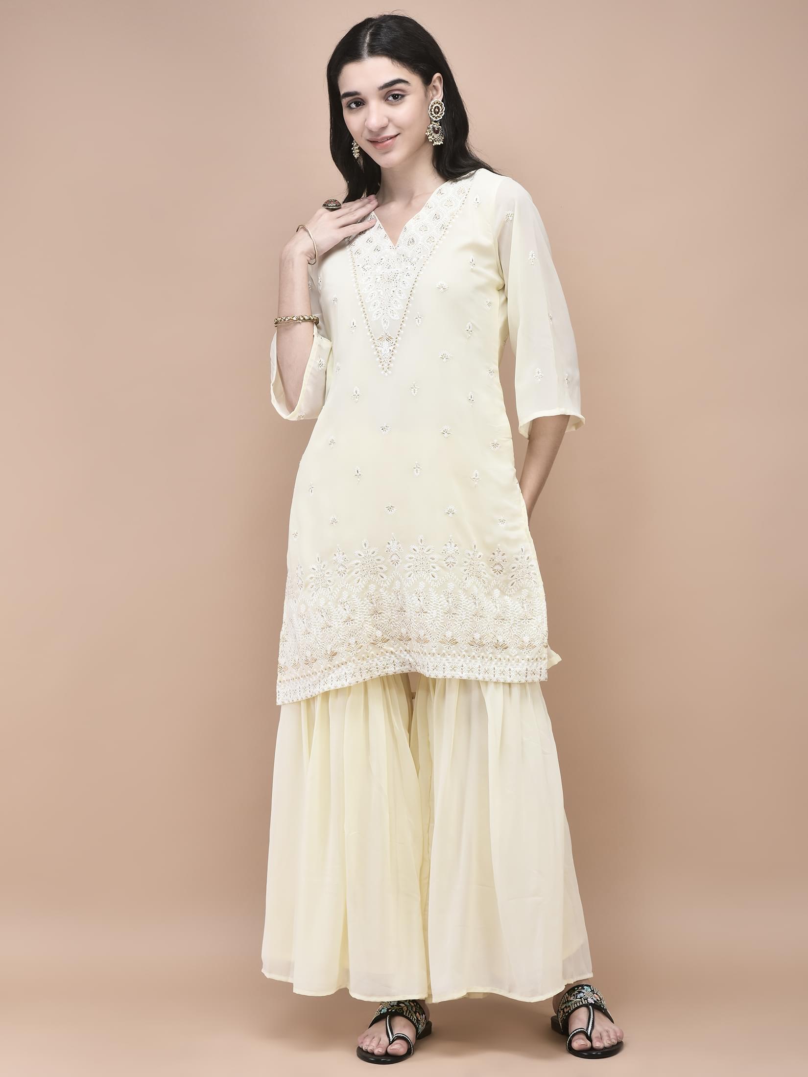 Women Georgette Off White Embroidered Kurta Sharara Dupatta.
