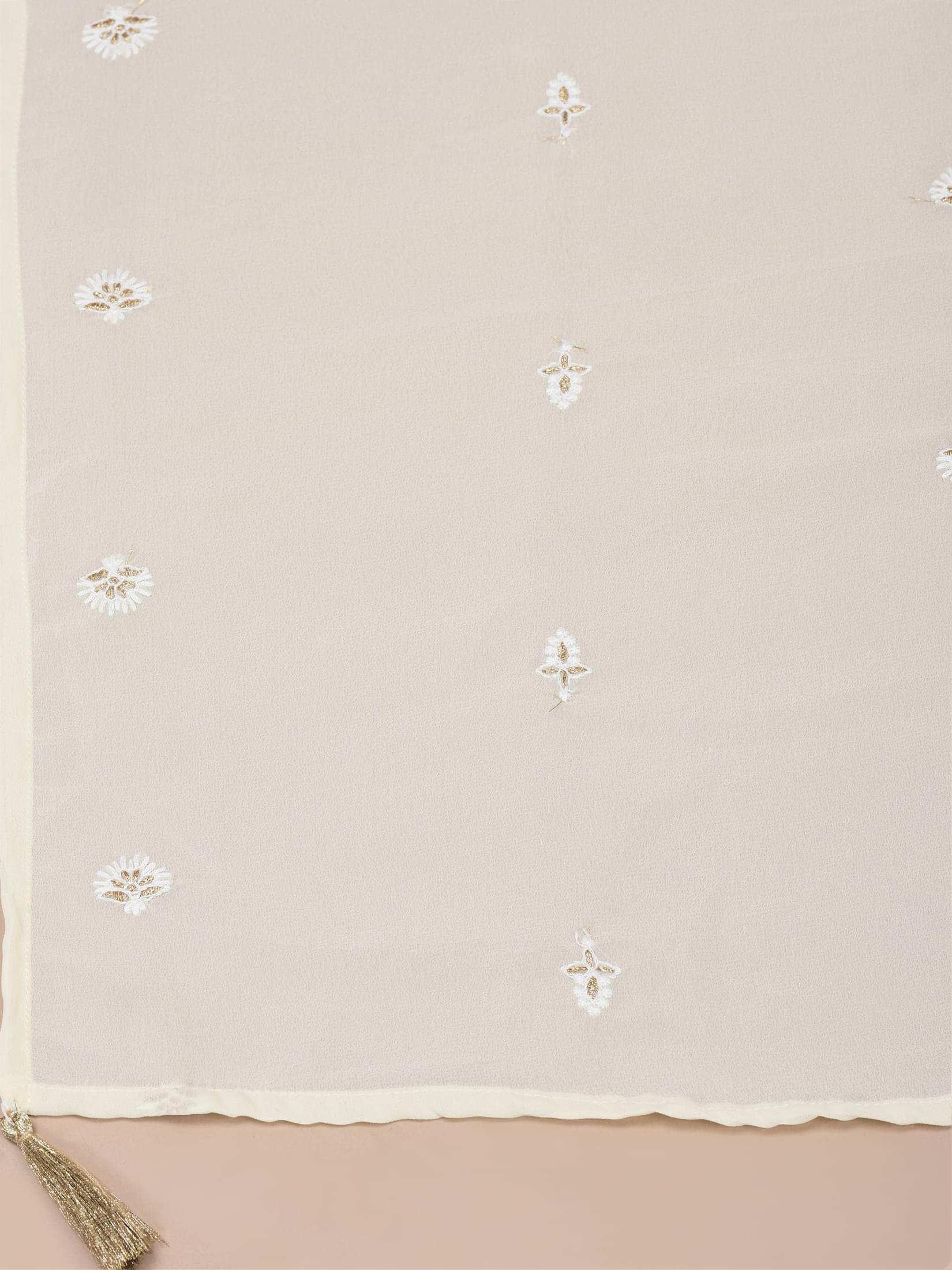 Women Georgette Off White Embroidered Kurta Sharara Dupatta.