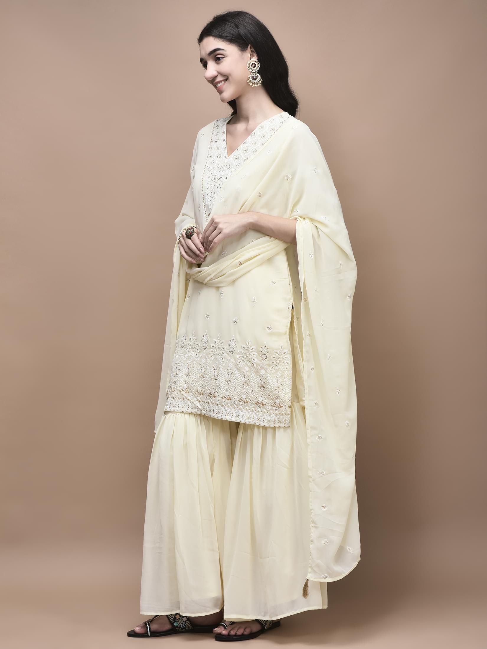 Women Georgette Off White Embroidered Kurta Sharara Dupatta.