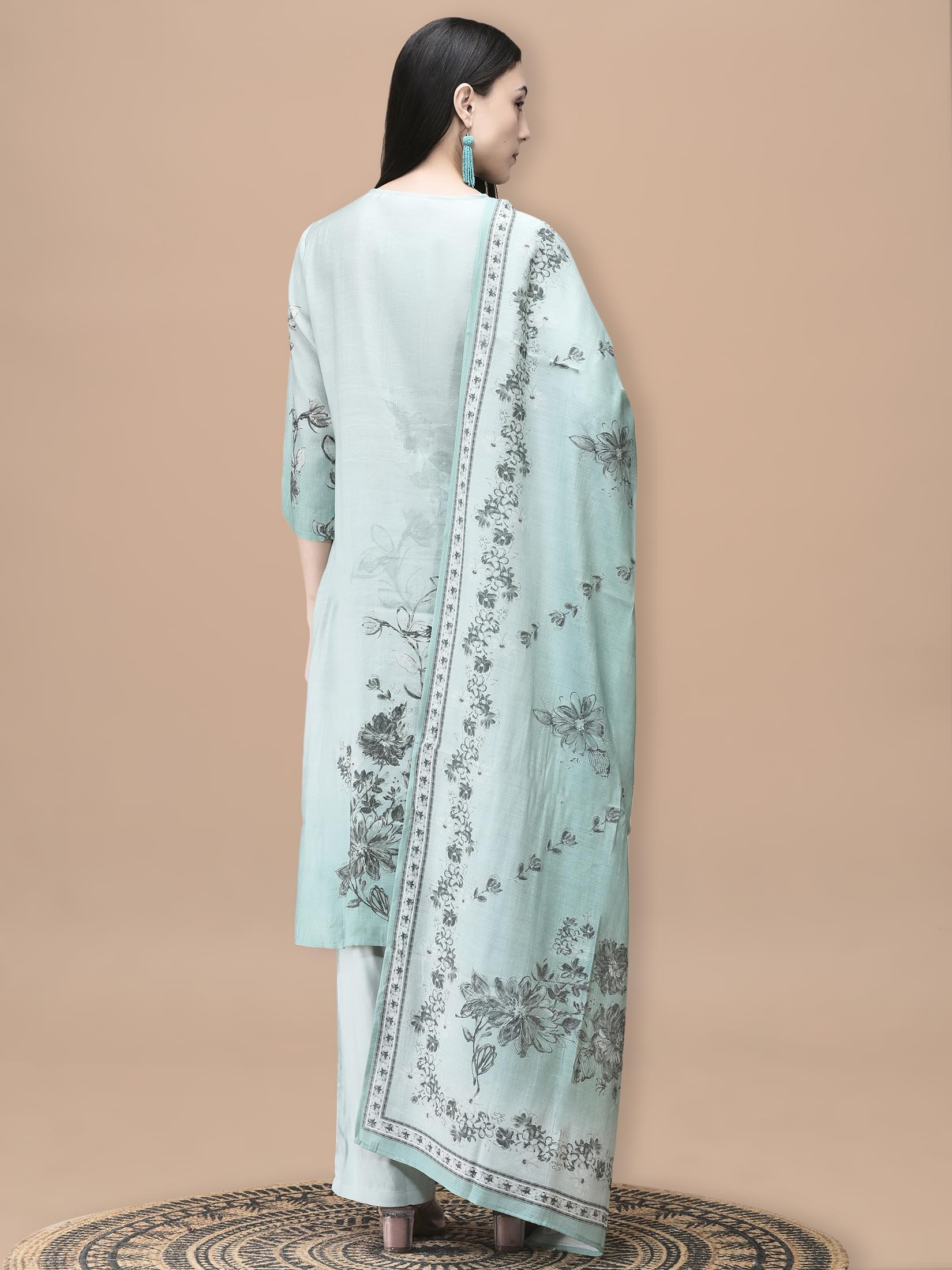 Women Silk Blend Blue Floral Print Kurta Comfort Pant Dupatta.