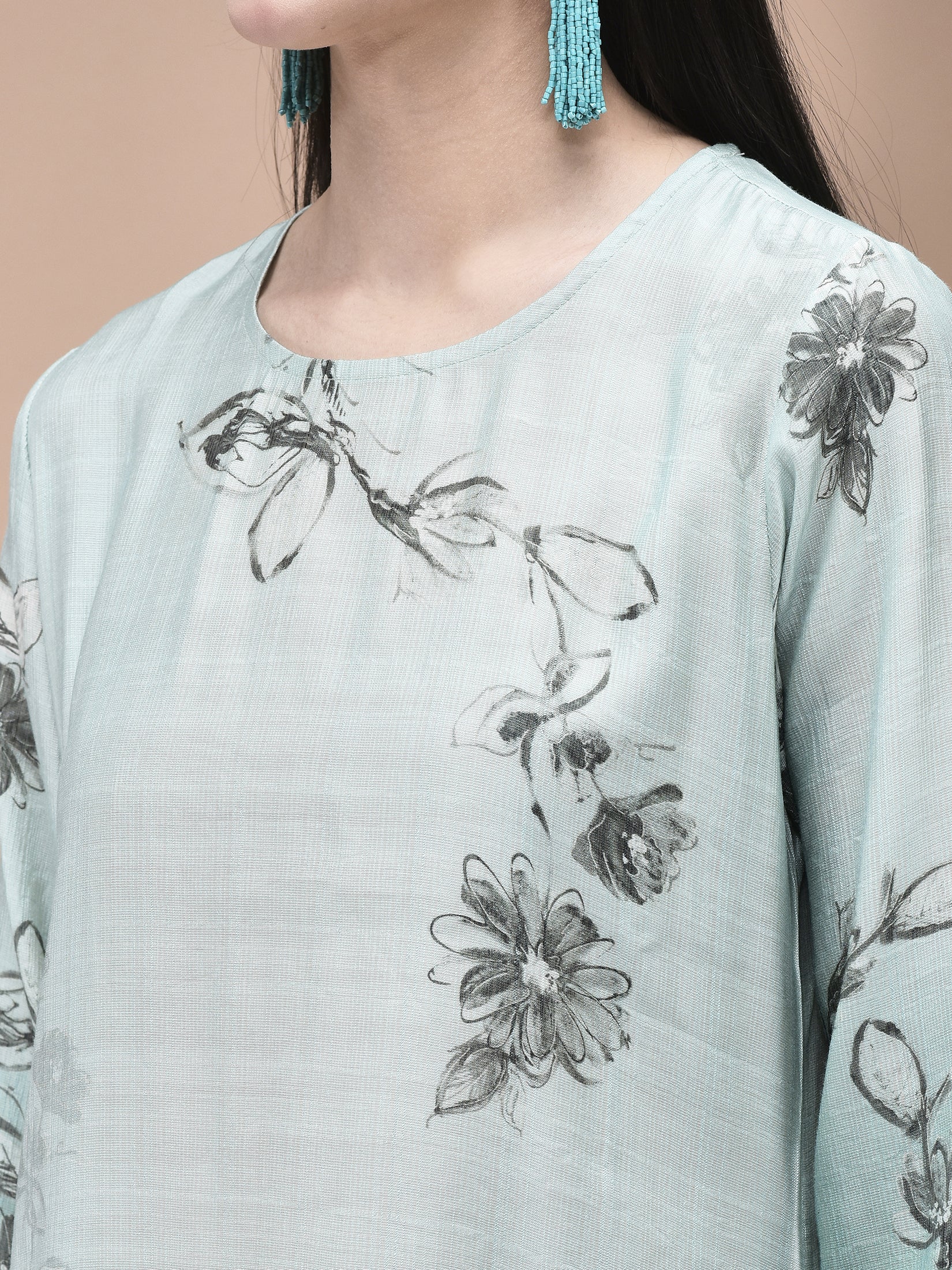 Women Silk Blend Blue Floral Print Kurta Comfort Pant Dupatta