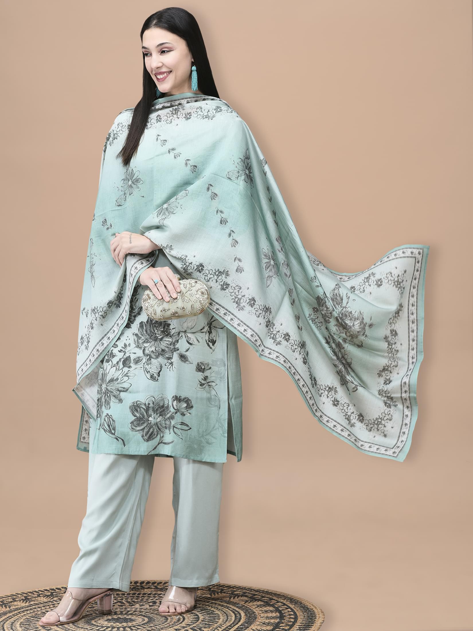 Women Silk Blend Blue Floral Print Kurta Comfort Pant Dupatta.