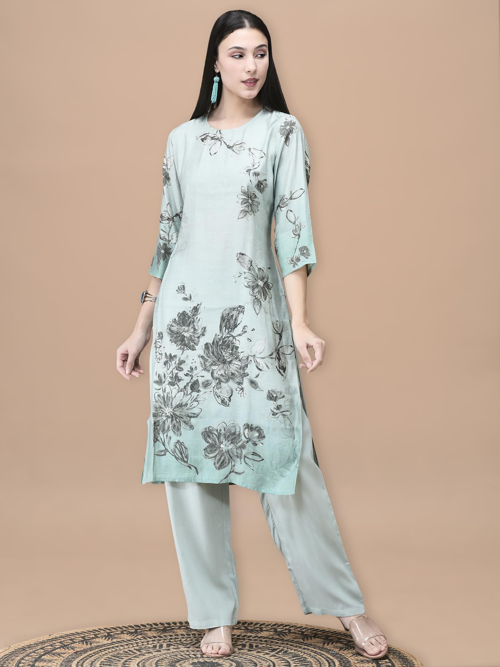 Women Silk Blend Blue Floral Print Kurta Comfort Pant Dupatta.