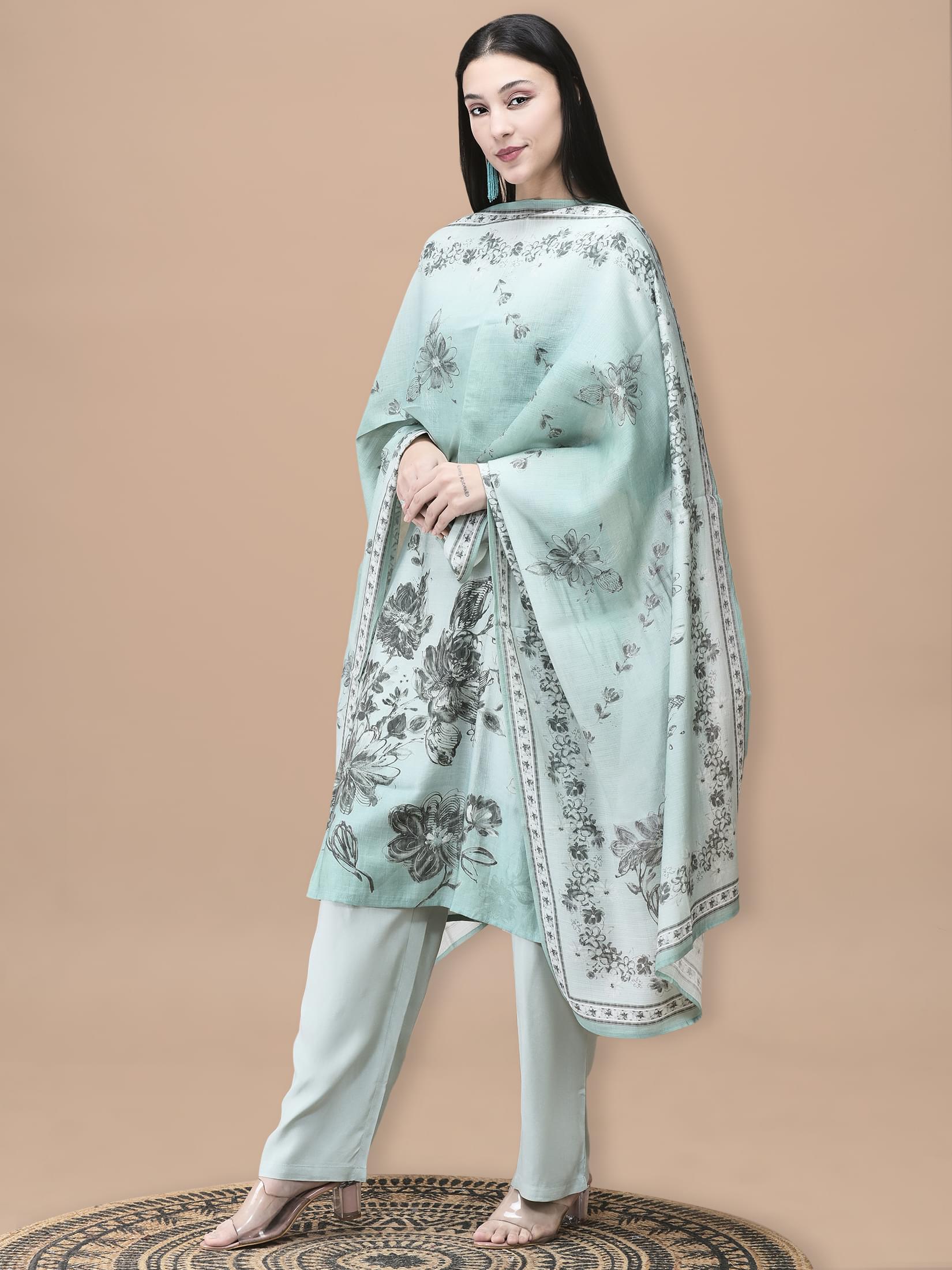 Women Silk Blend Blue Floral Print Kurta Comfort Pant Dupatta.