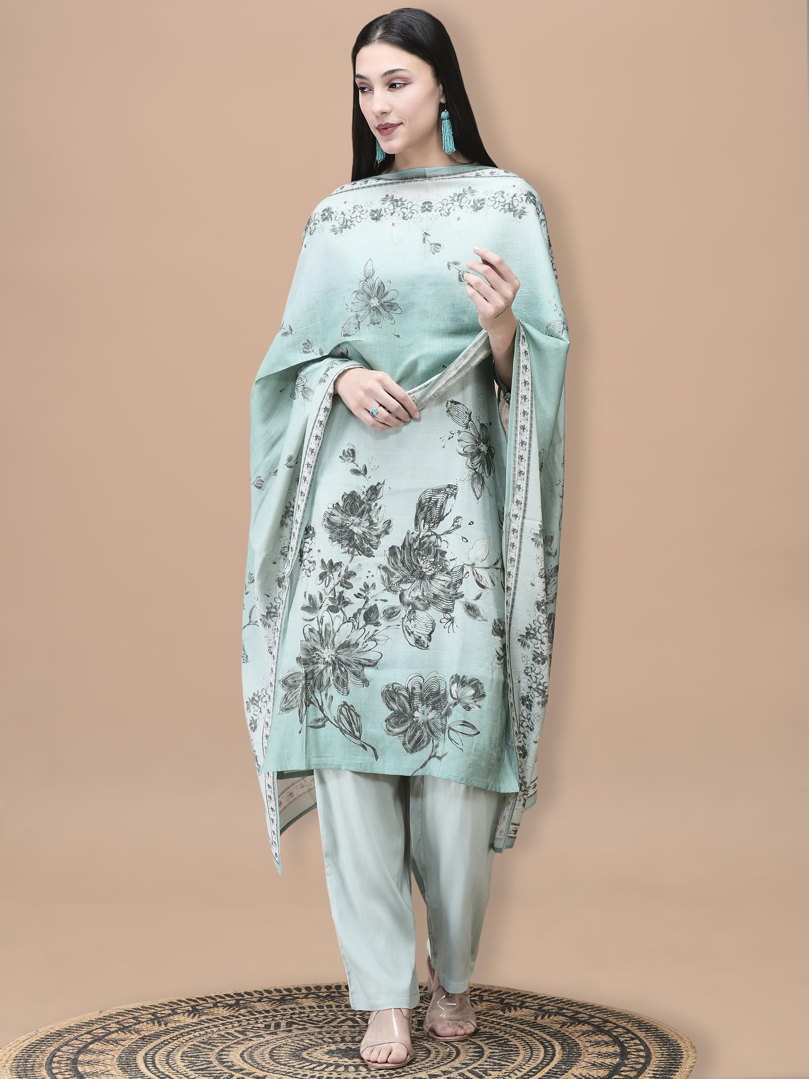 Women Silk Blend Blue Floral Print Kurta Comfort Pant Dupatta.