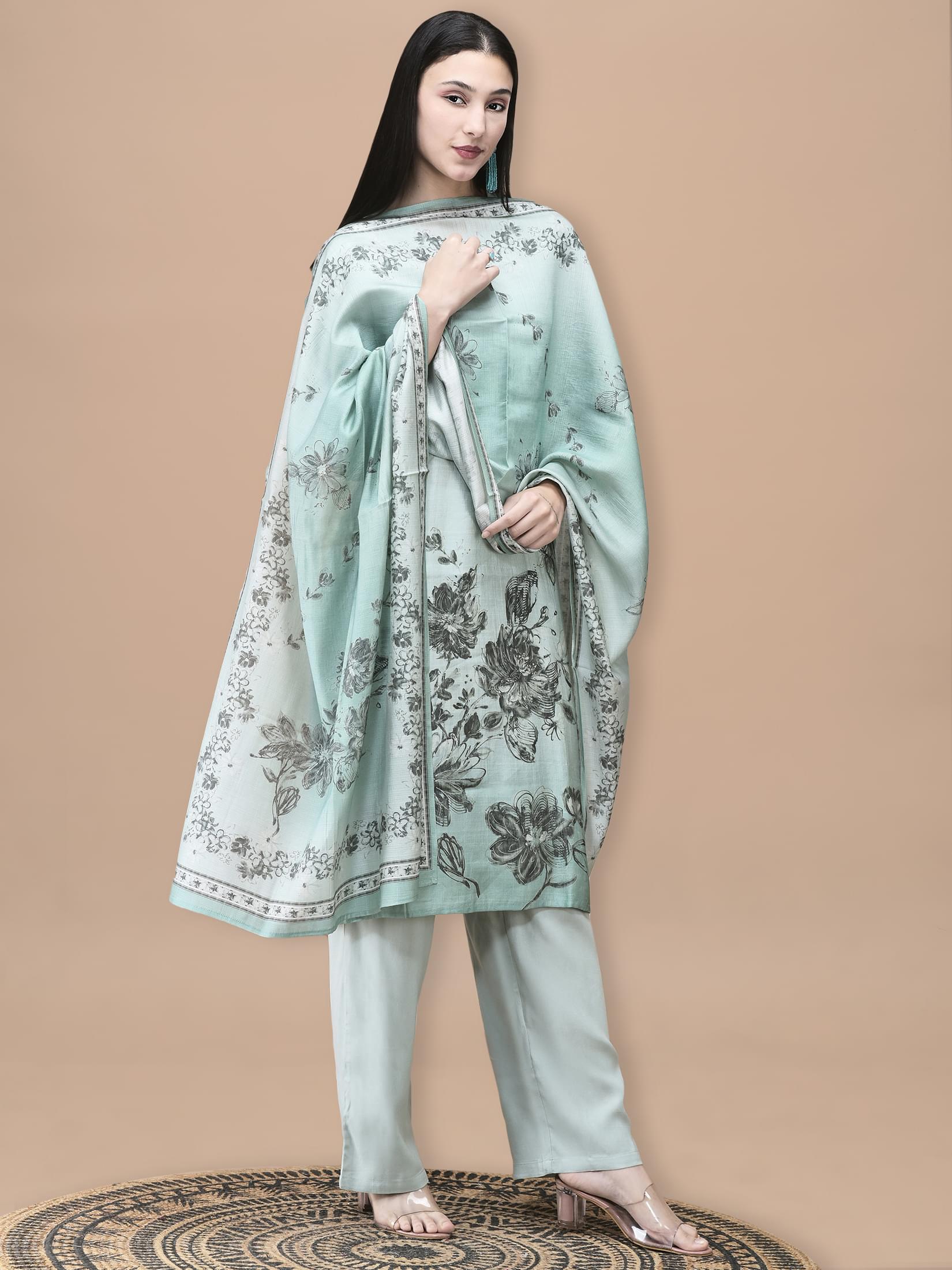 Women Silk Blend Blue Floral Print Kurta Comfort Pant Dupatta.