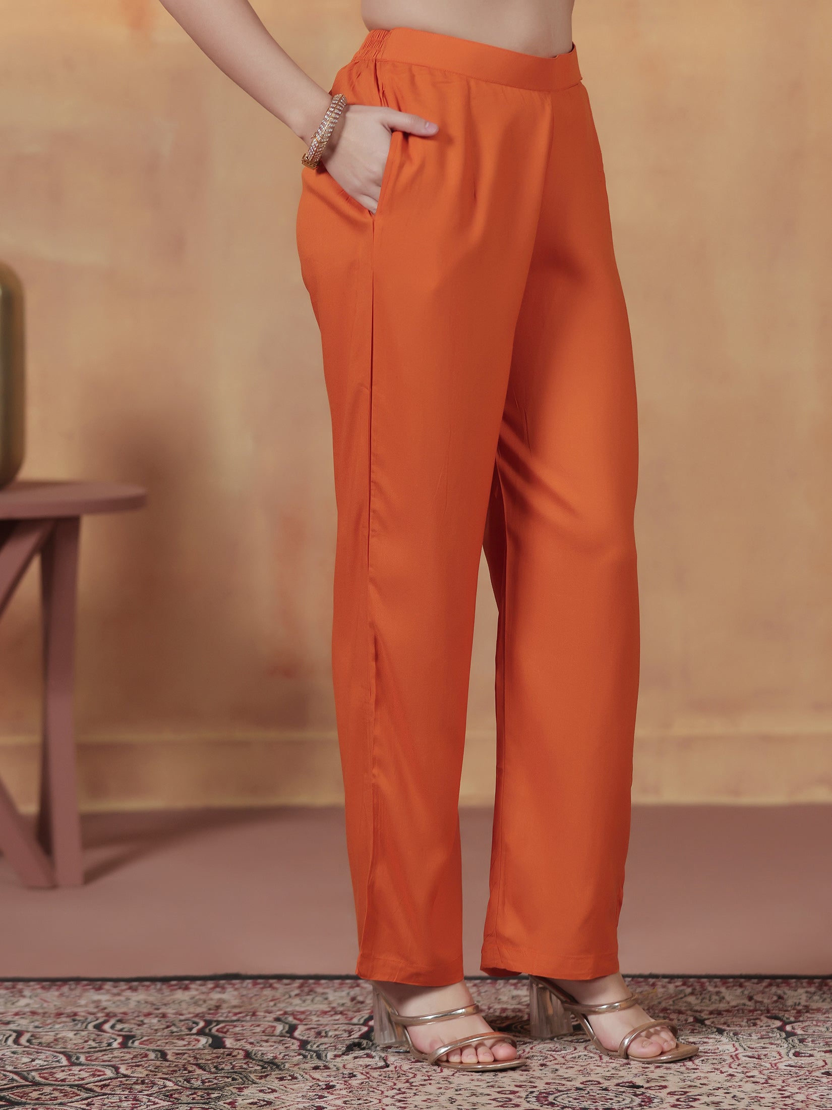 Women Liva Orange Ornamental Print Kurta Comfort Pant Dupatta