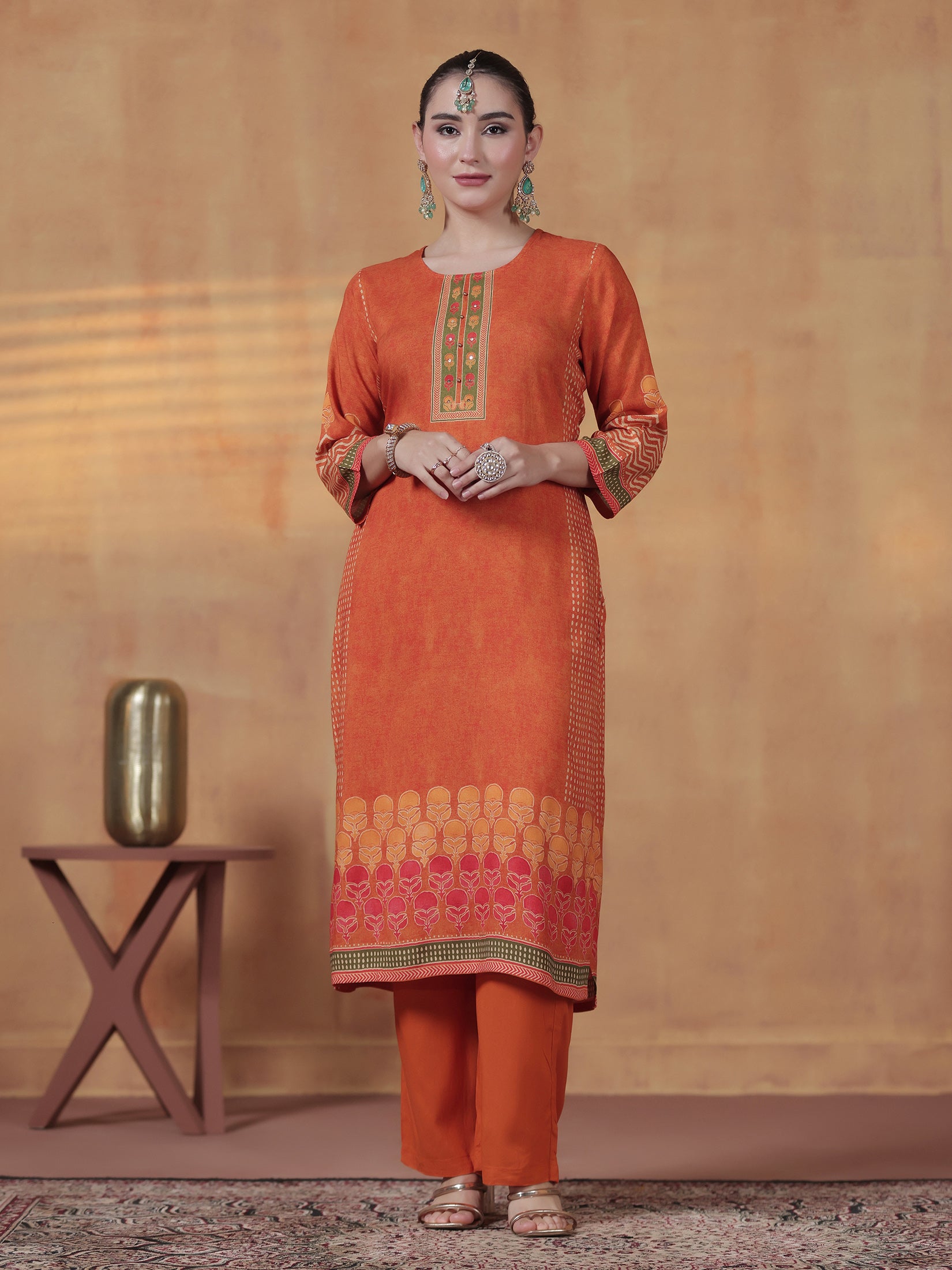 Women Liva Orange Ornamental Print Kurta Comfort Pant Dupatta