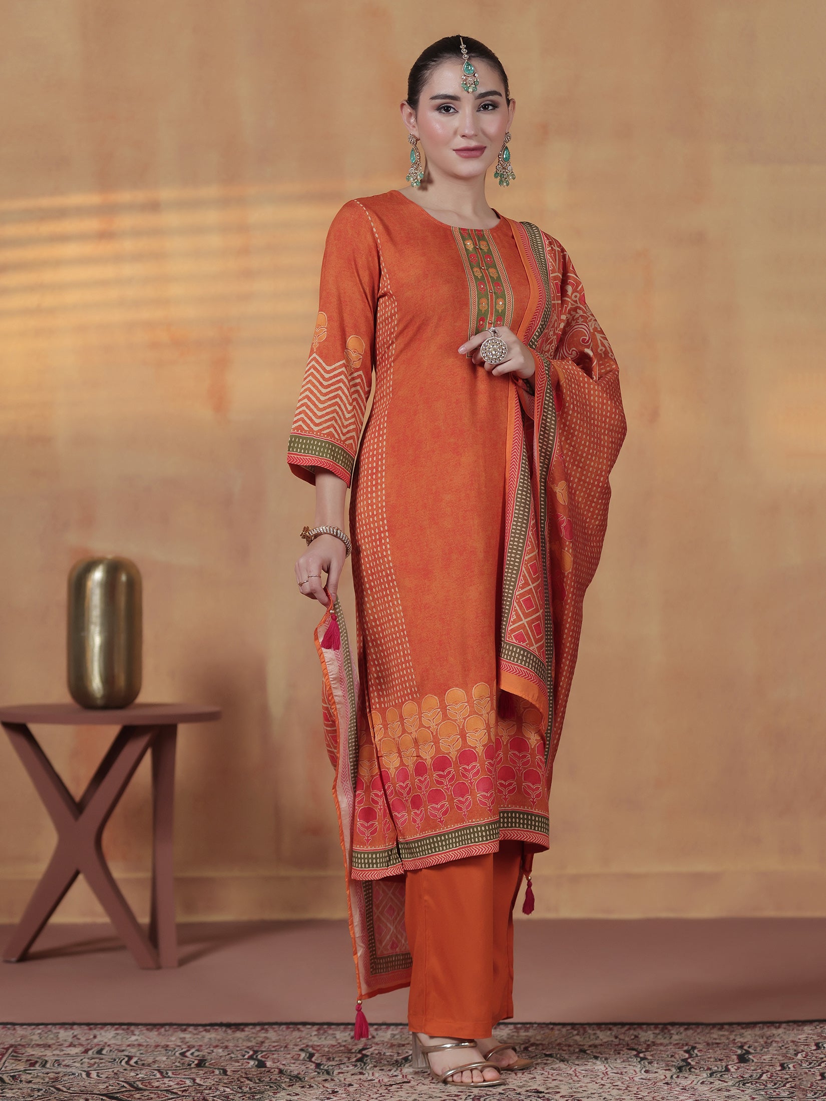 Women Liva Orange Ornamental Print Kurta Comfort Pant Dupatta