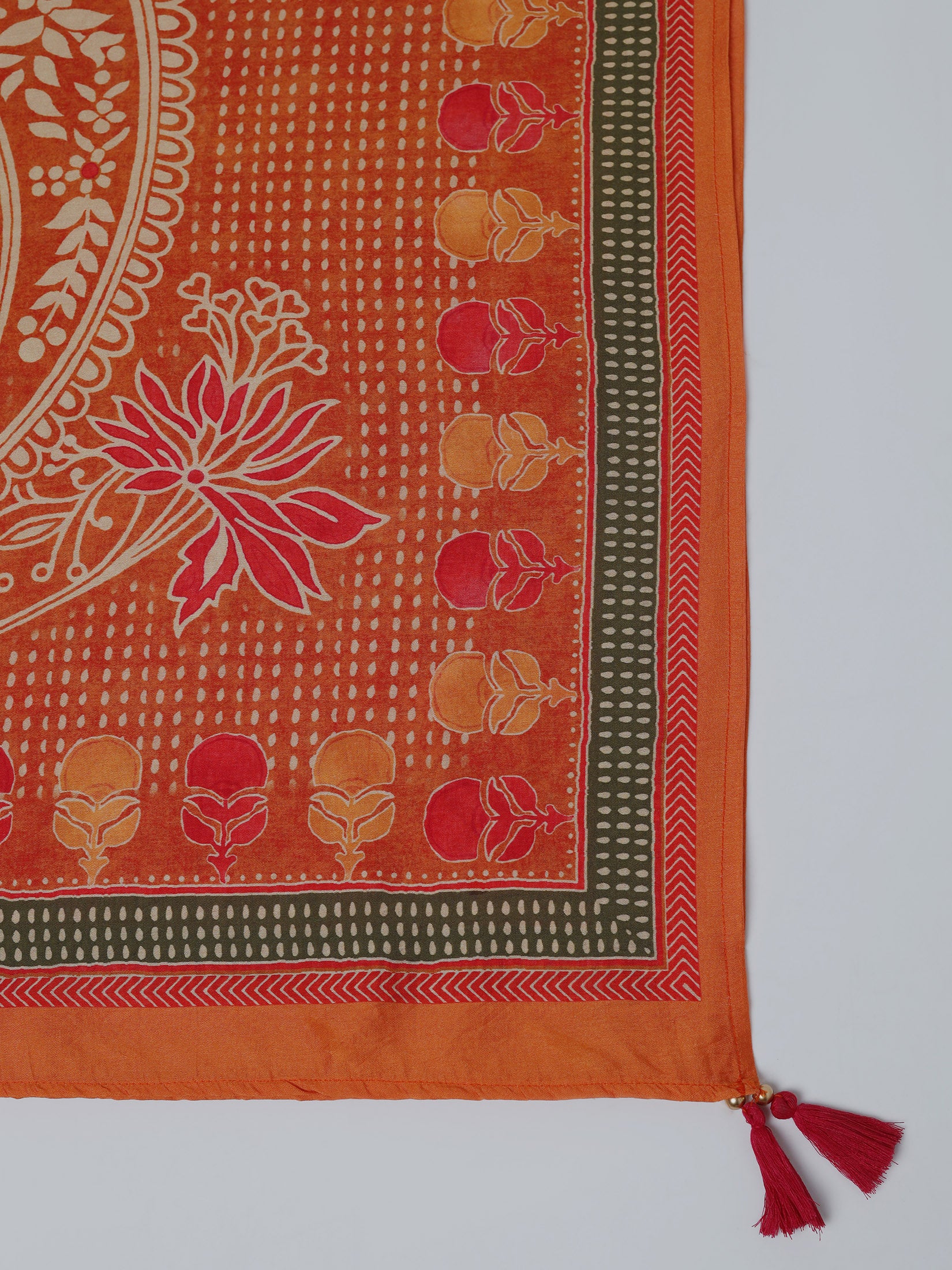 Women Liva Orange Ornamental Print Kurta Comfort Pant Dupatta