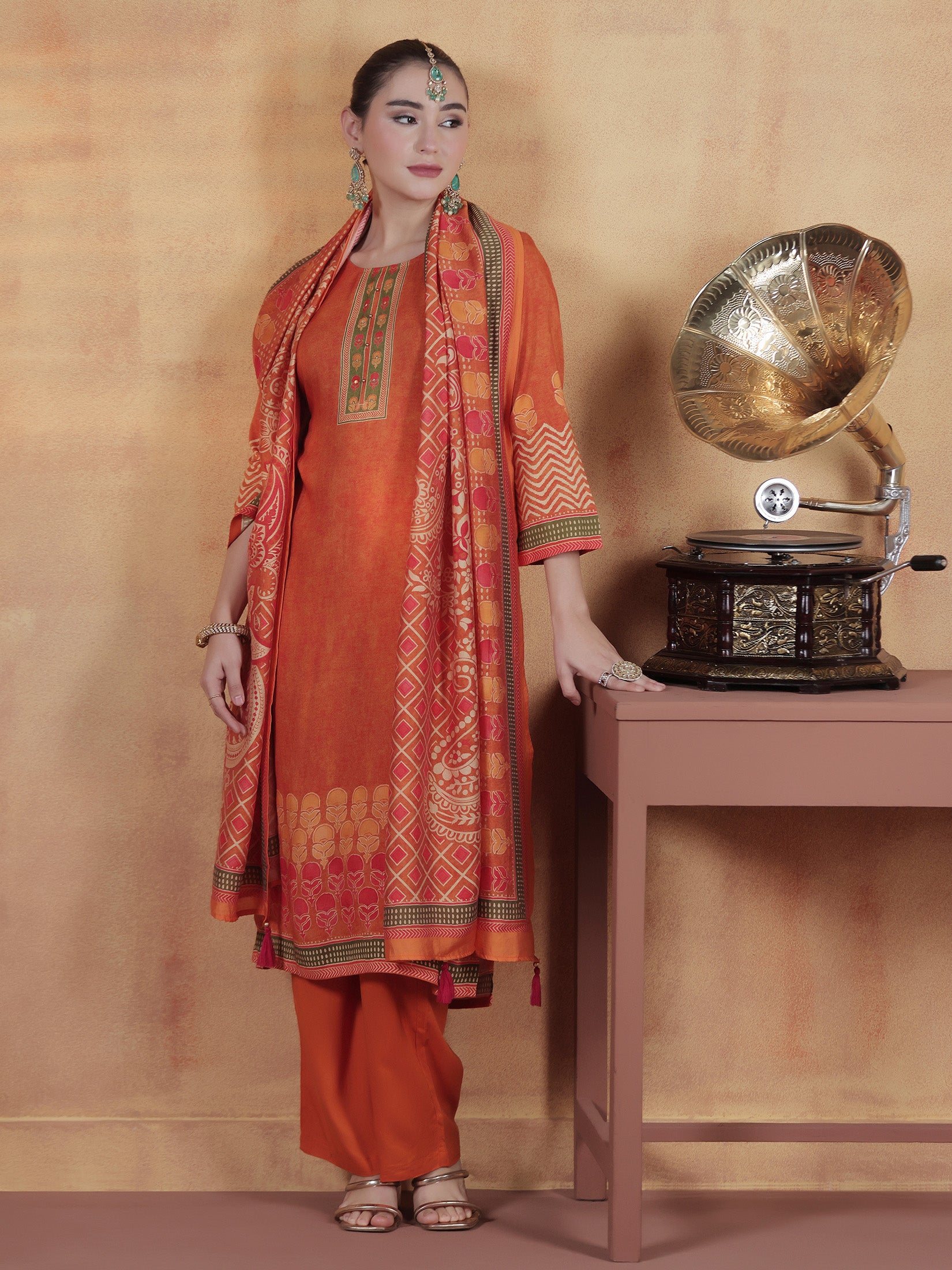 Women Liva Orange Ornamental Print Kurta Comfort Pant Dupatta