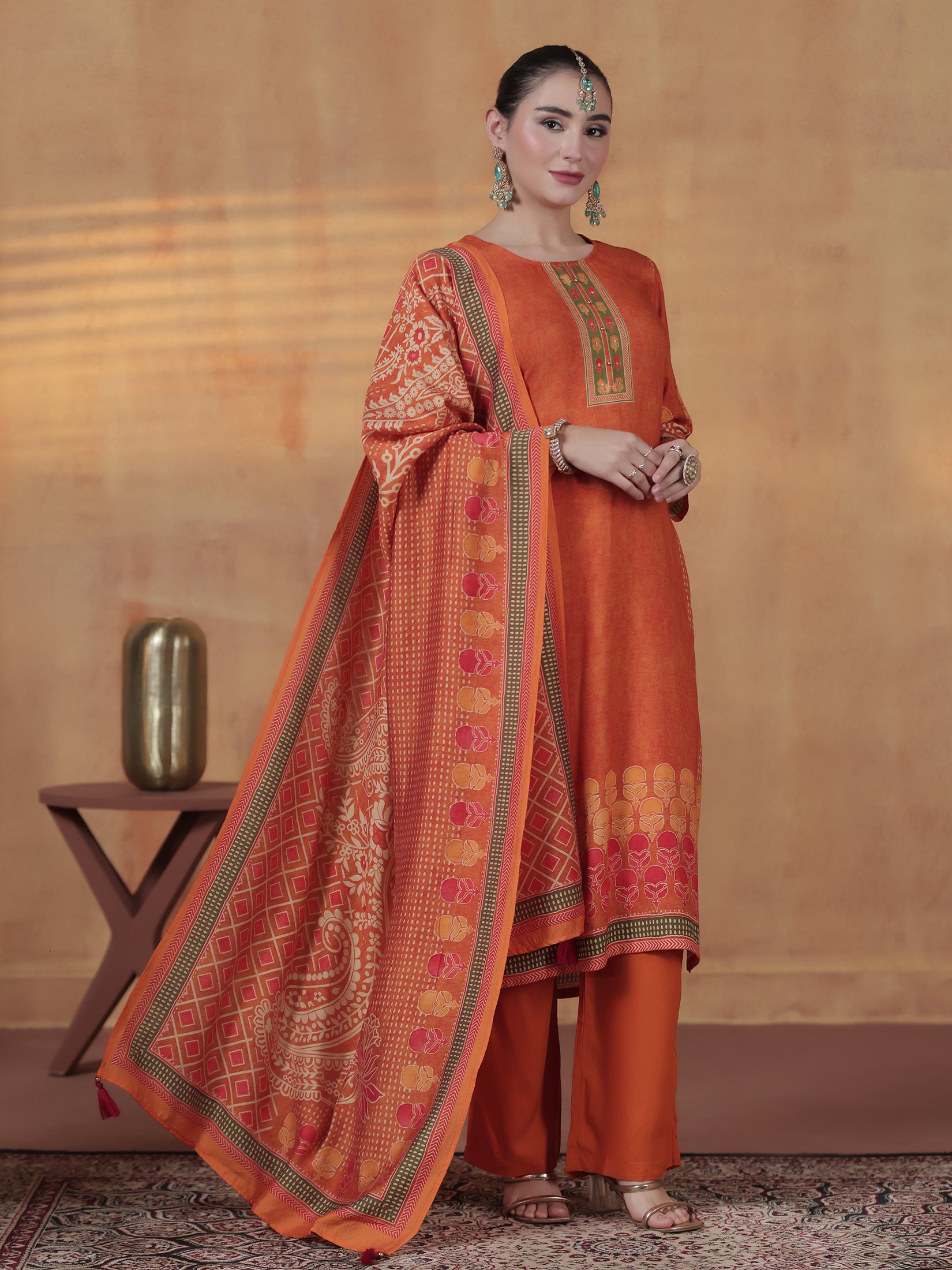 Women Liva Orange Ornamental Print Kurta Comfort Pant Dupatta