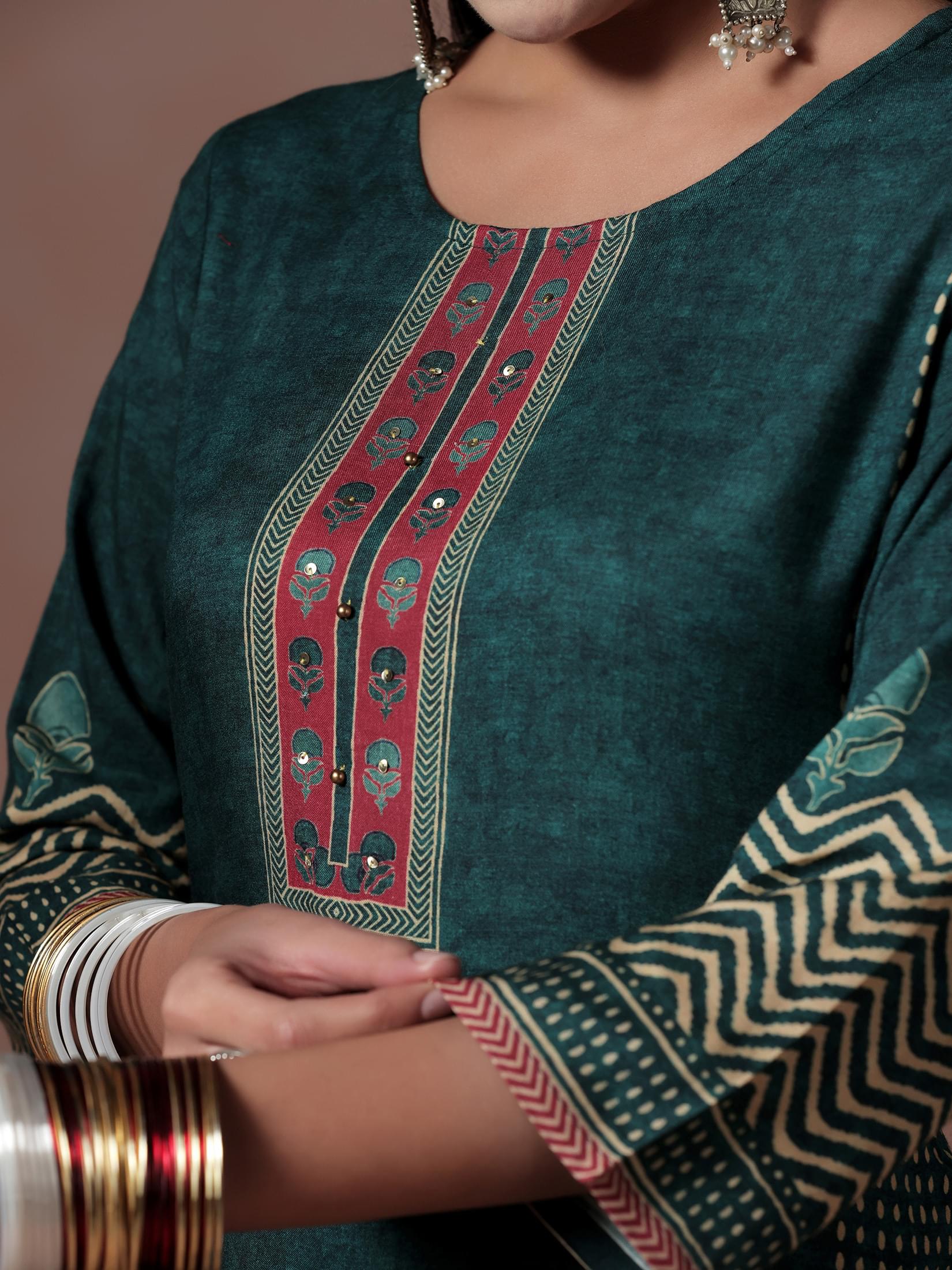 Women Liva Peacock Blue Ornamental Print Kurta Comfort Pant Dupatta.