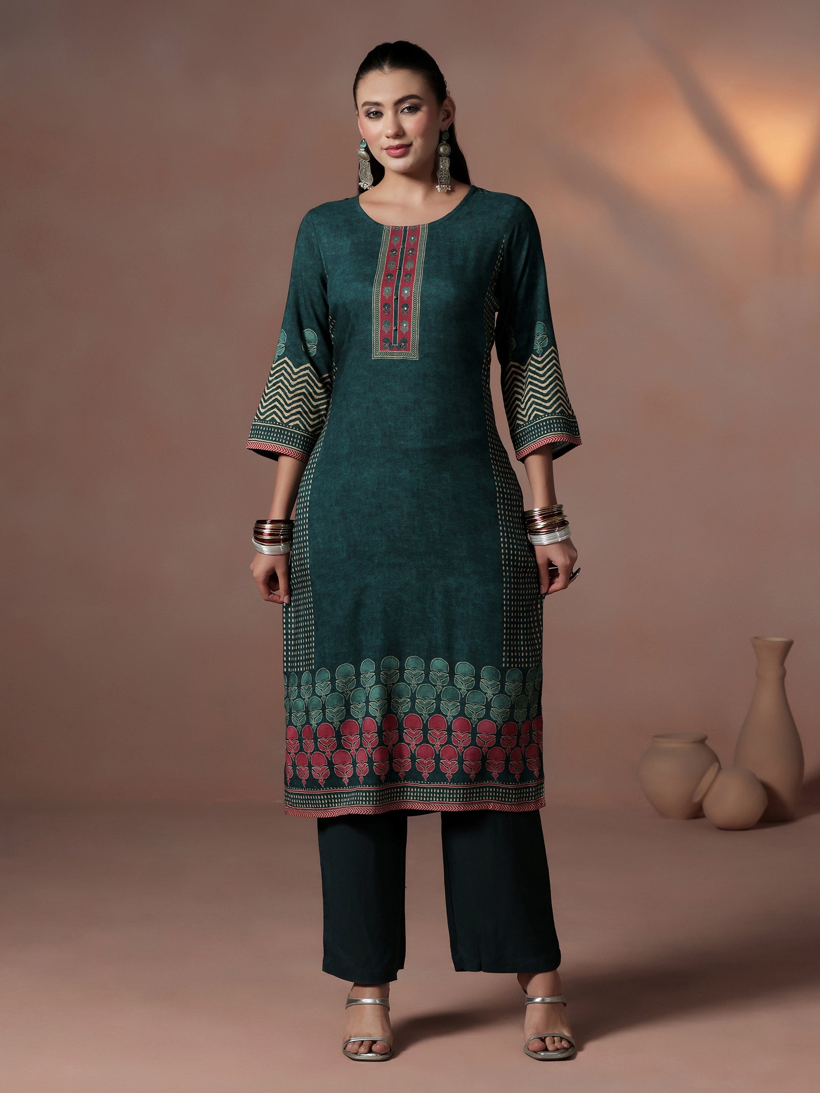 Women Liva Peacock Blue Ornamental Print Kurta Comfort Pant Dupatta