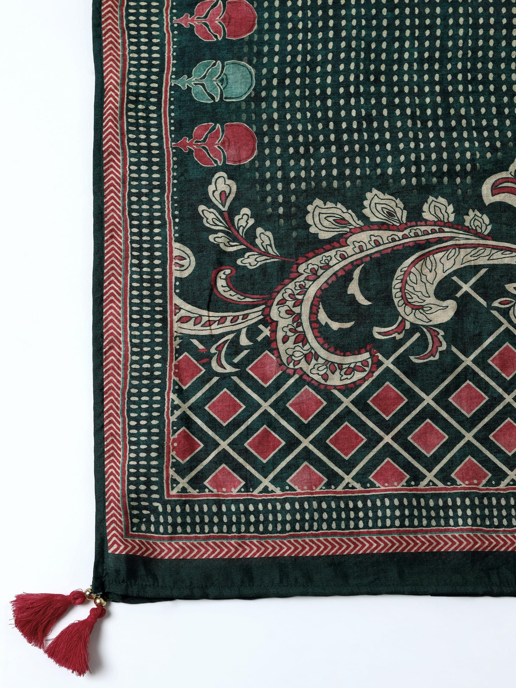 Women Liva Peacock Blue Ornamental Print Kurta Comfort Pant Dupatta.