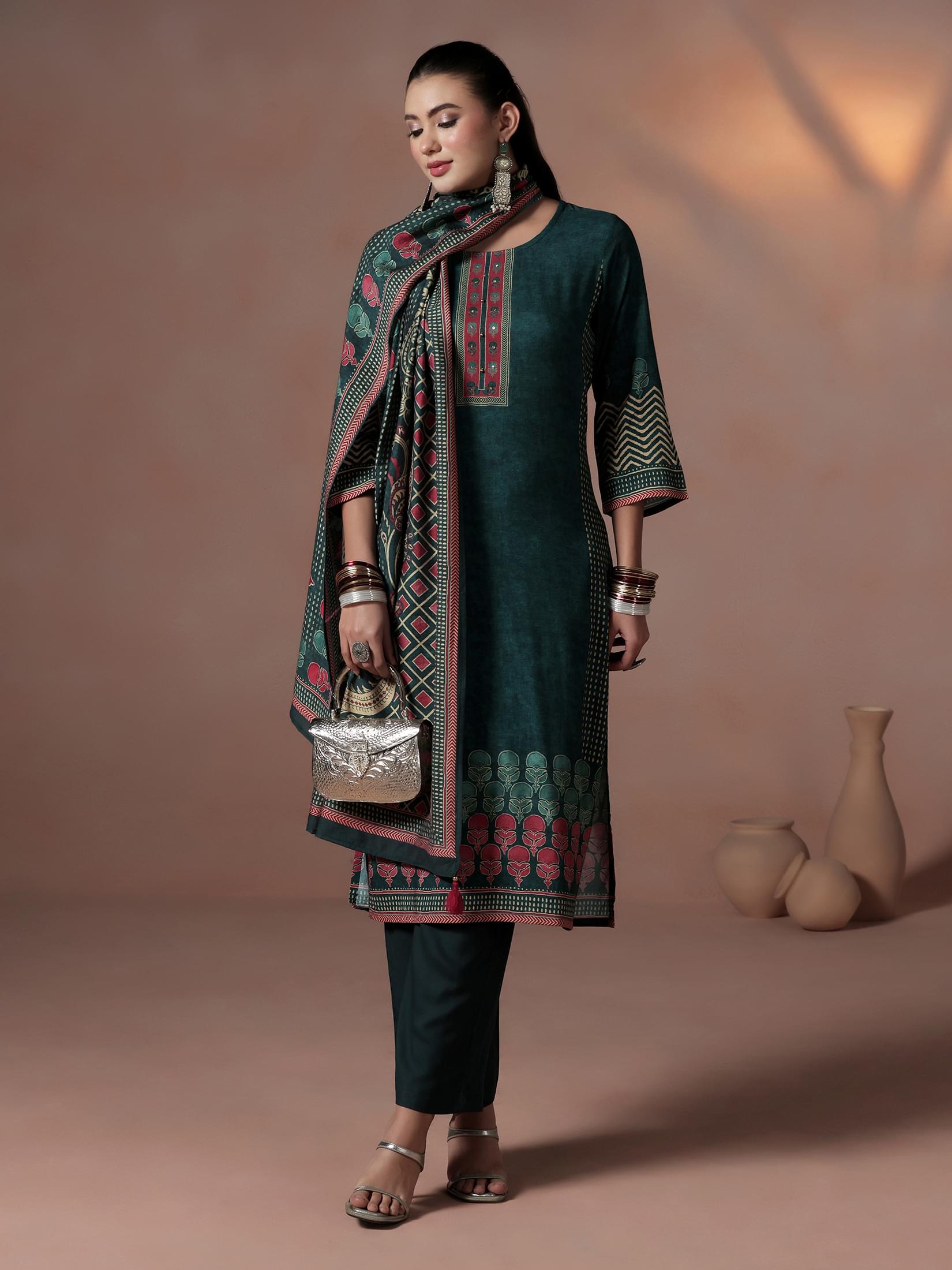 Peacock blue ornamental print Liva fabric kurta trouser set with matching dupatta