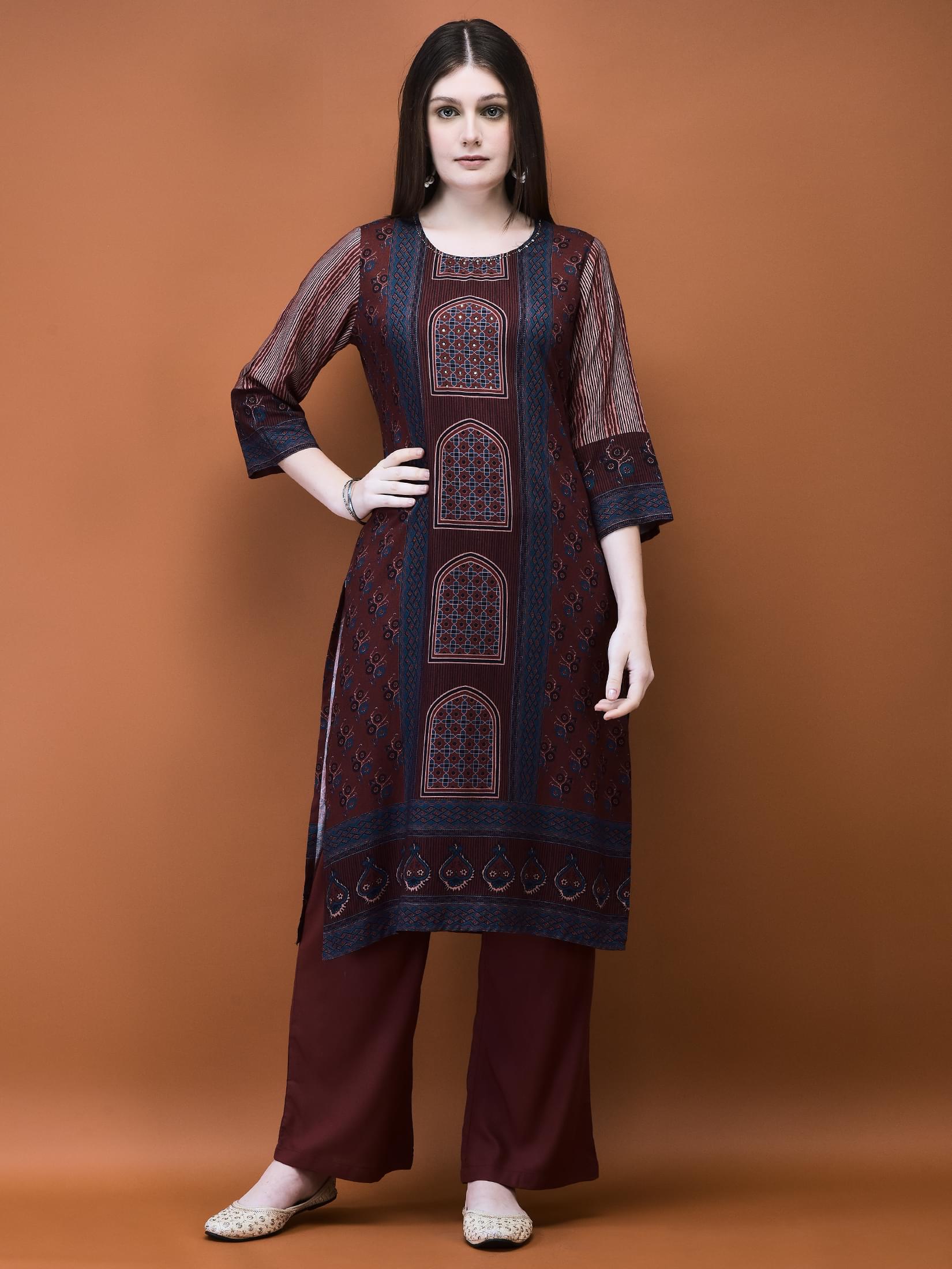 Women Muslin Burgundy Placement Print Kurta Comfort Pant Dupatta.