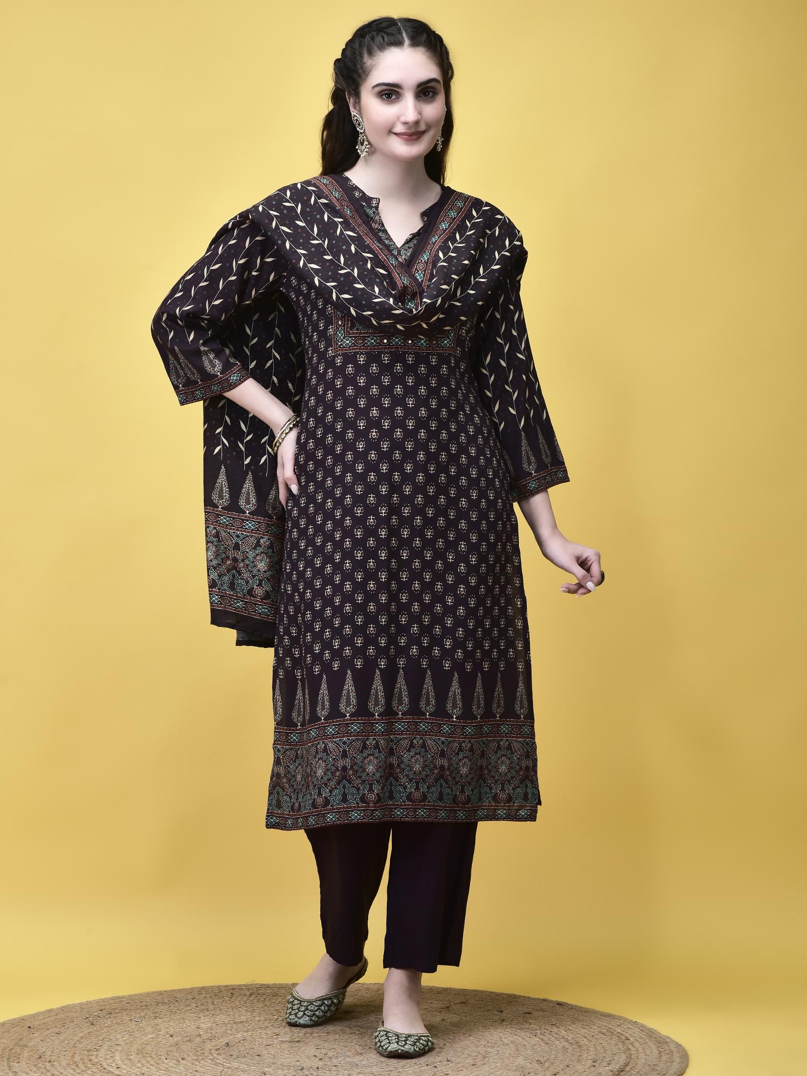Earth brown botanical floral print Liva rayon daily wear comfortable suit set