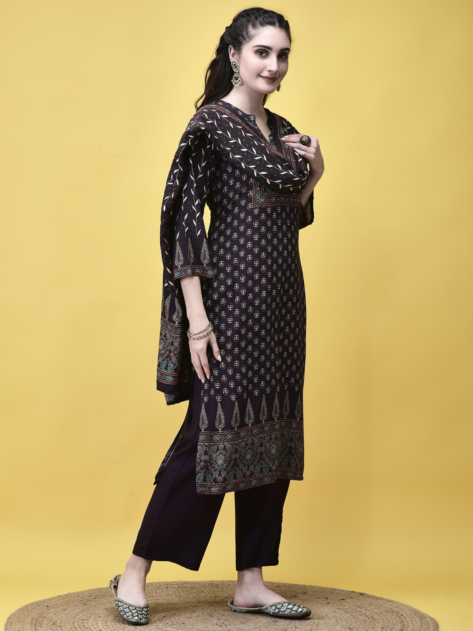 Women Liva Rayon Brown Floral Print Kurta Comfort Pant Dupatta.
