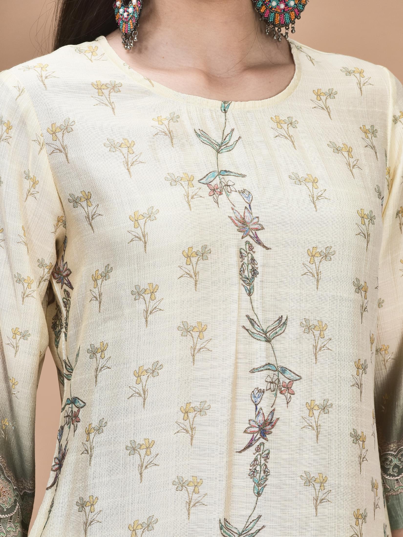 Women Silk Blend Off White Floral Print Kurta Comfort Pant Dupatta.