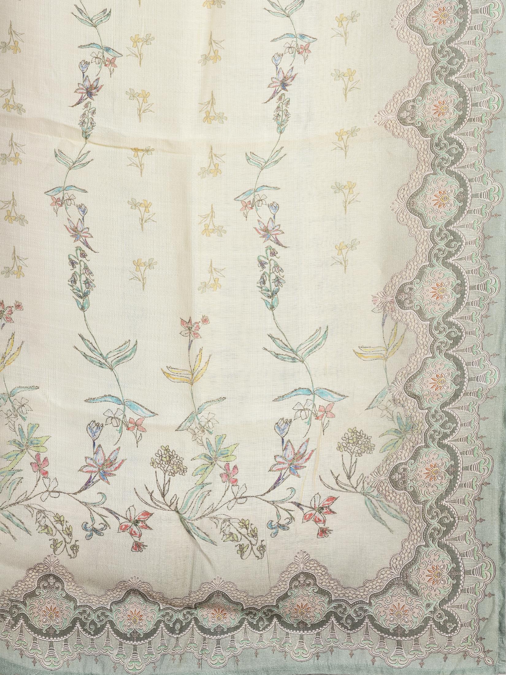 Women Silk Blend Off White Floral Print Kurta Comfort Pant Dupatta.