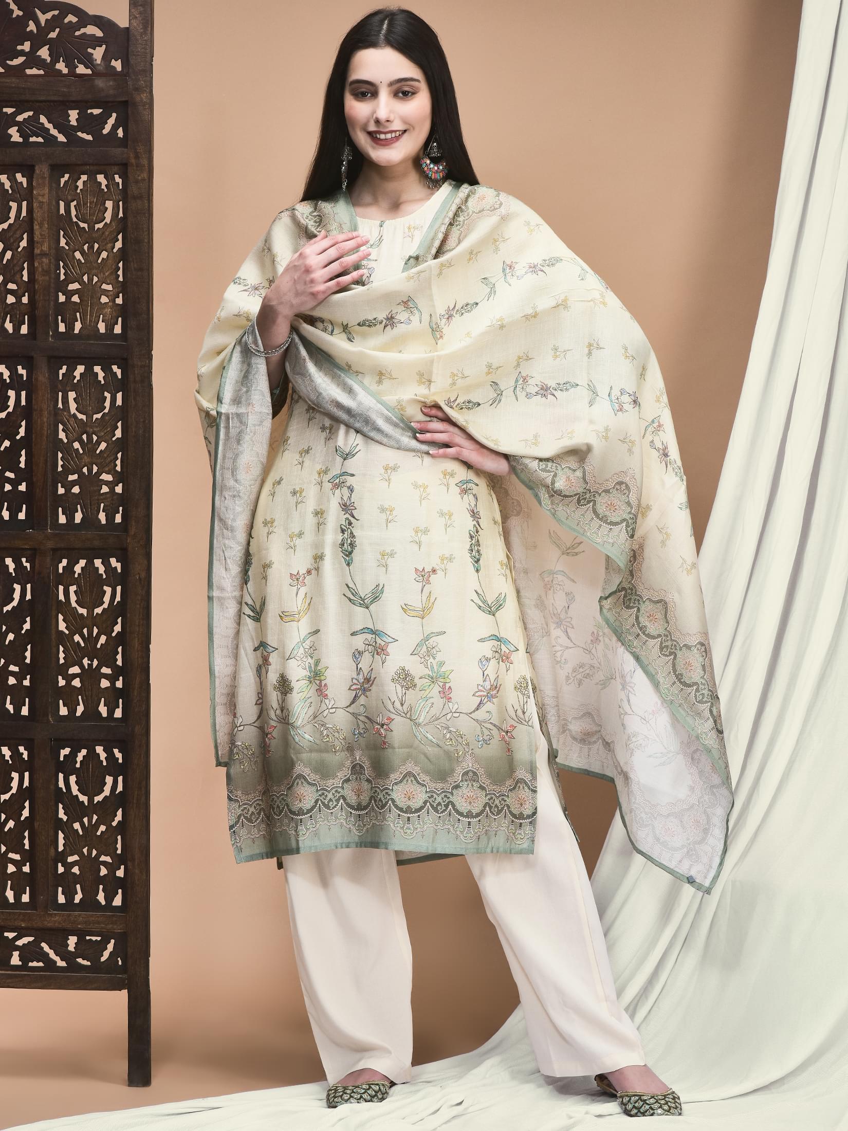 Off white soft floral trail print premium silk blend luxury dupatta suit set