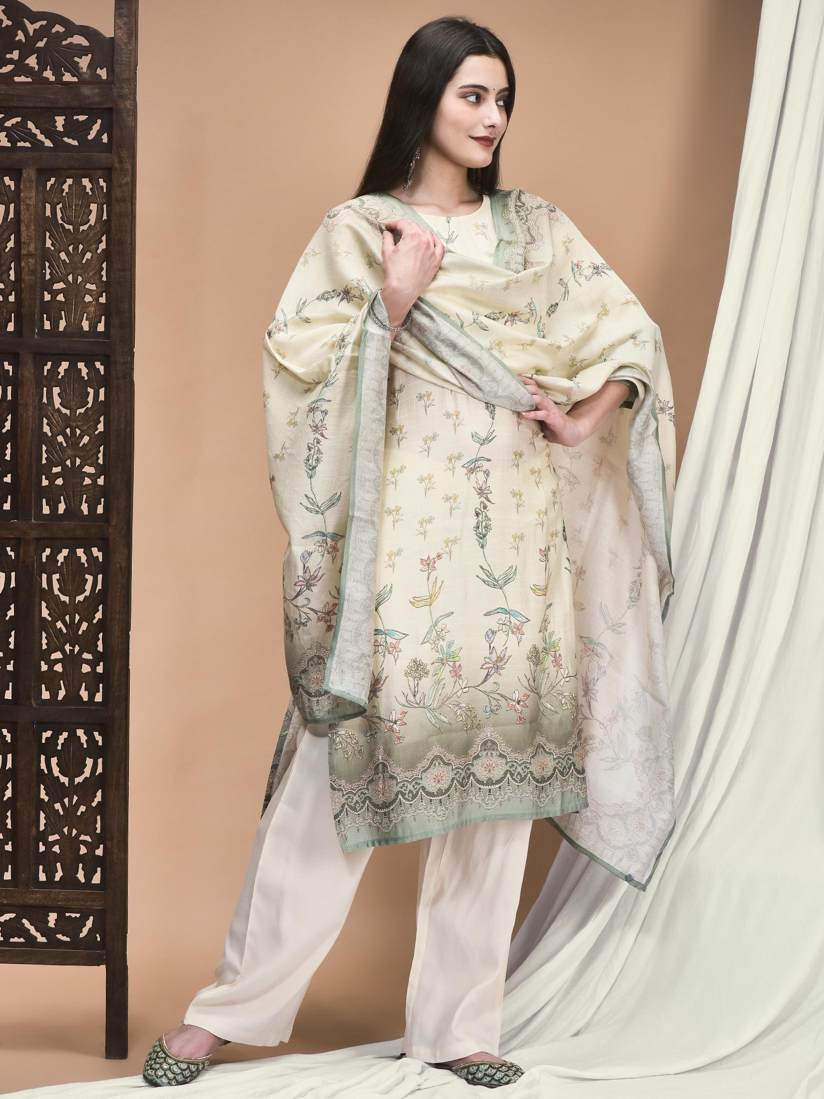 Women Silk Blend Off White Floral Print Kurta Comfort Pant Dupatta.