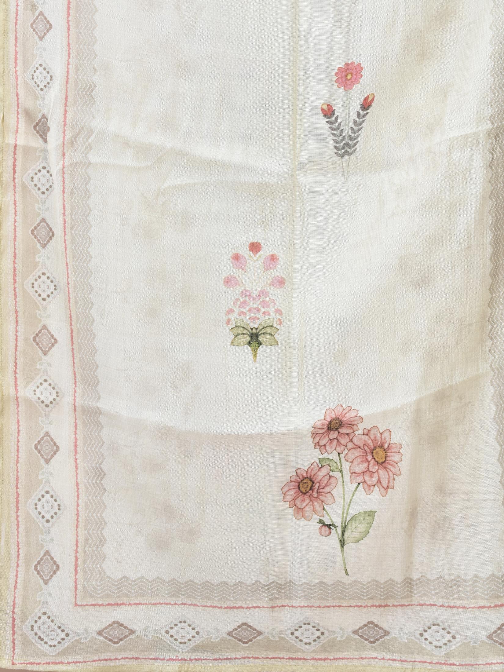 Women Liva Cream Floral Print Kurta Comfort Pant Dupatta.