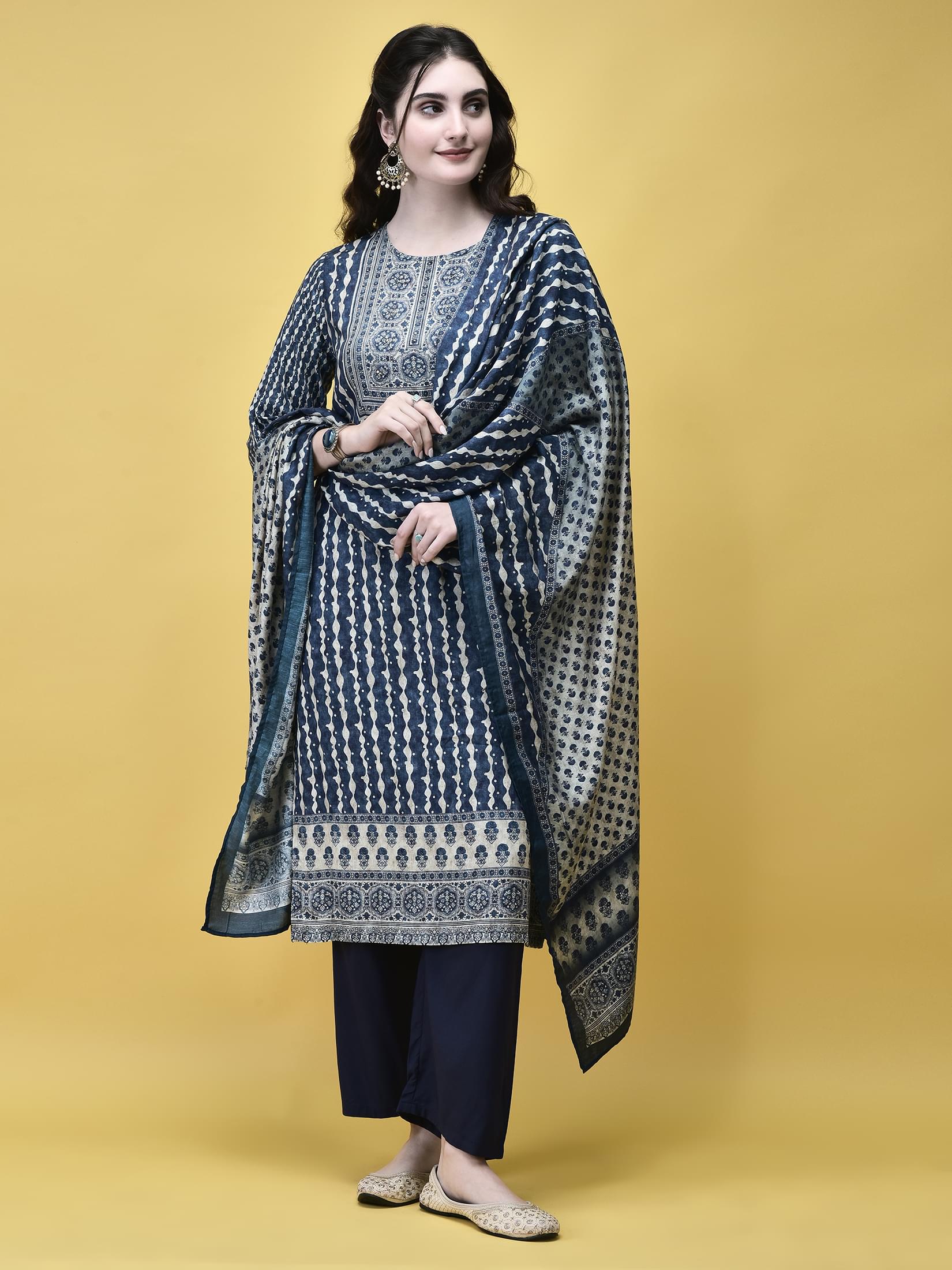 Ocean blue artistic digital placement print Liva rayon comfort fit dupatta suit