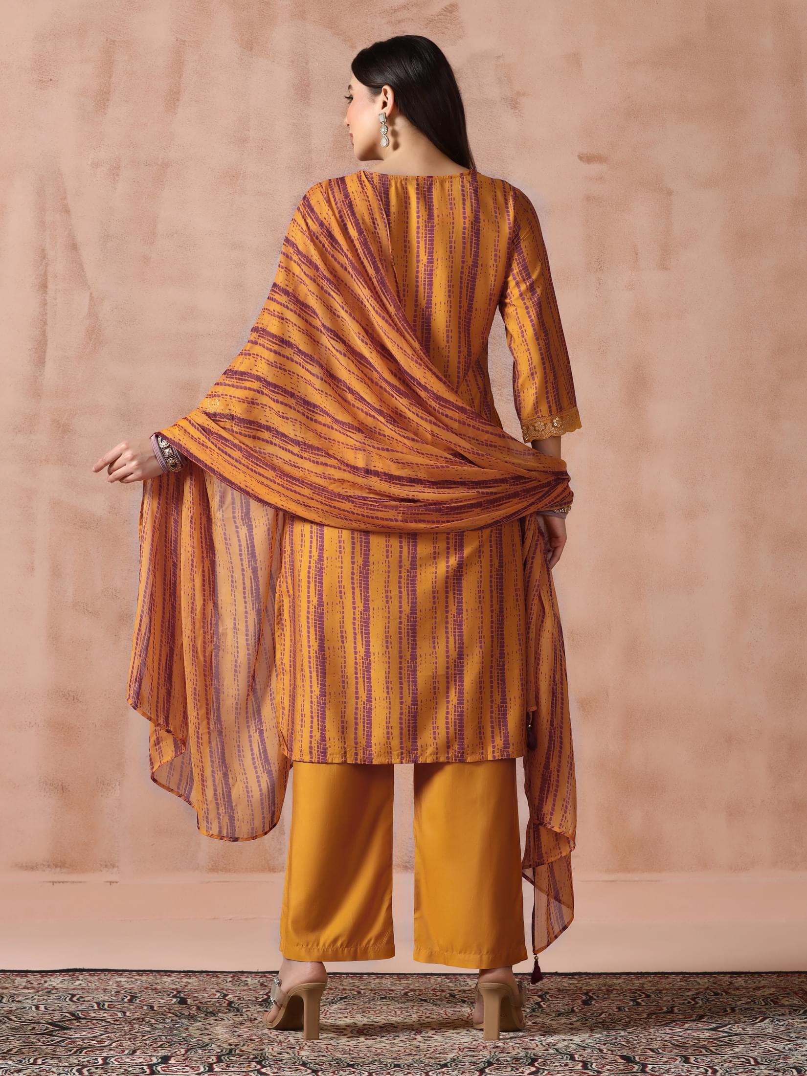 Women Liva Mustard Embroidered Kurta Comfort Pant Dupatta.