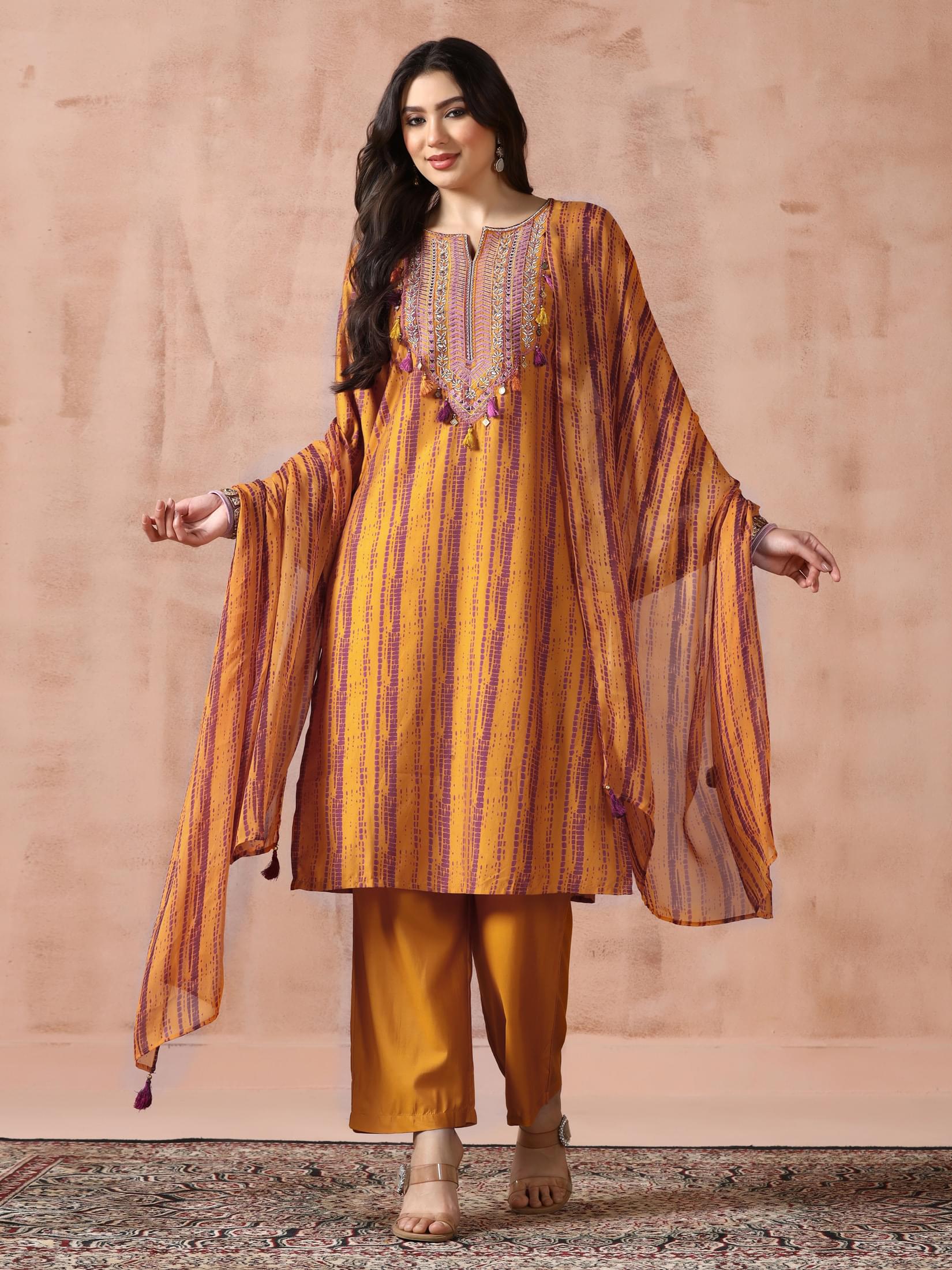 Women Liva Mustard Embroidered Kurta Comfort Pant Dupatta.