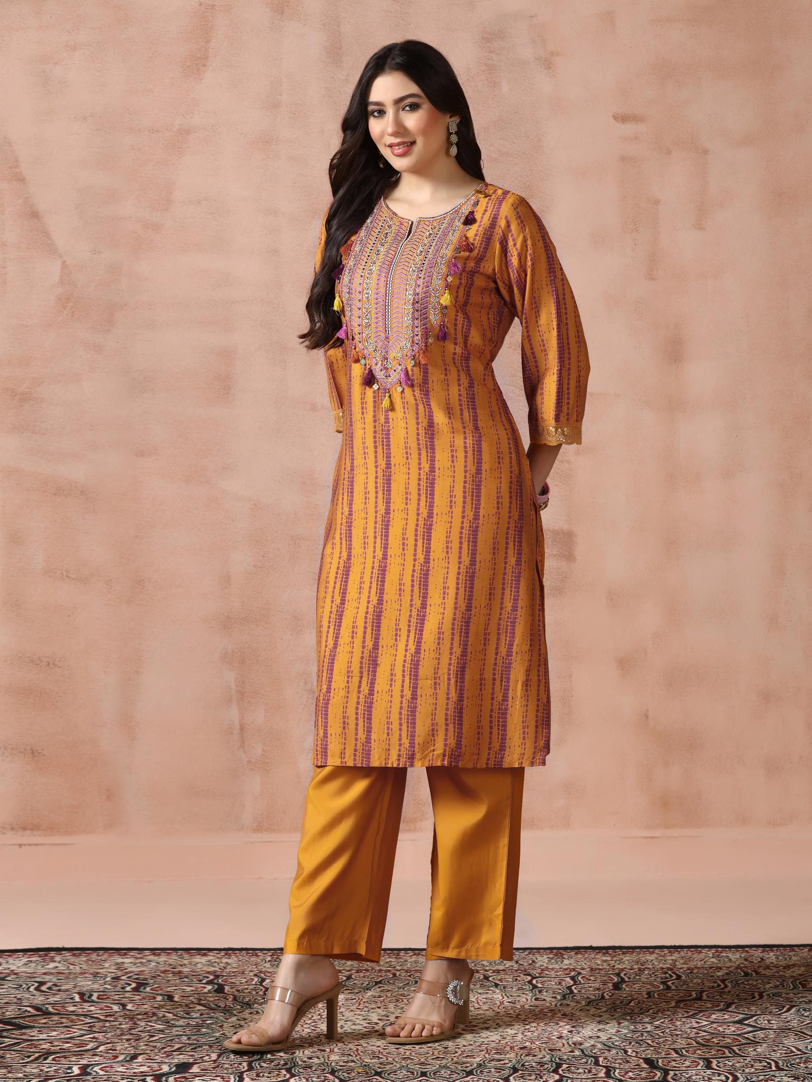 Women Liva Mustard Embroidered Kurta Comfort Pant Dupatta.