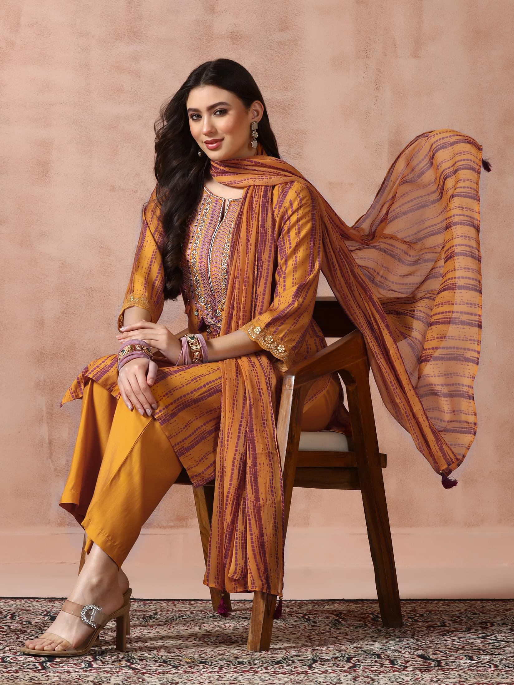 Women Liva Mustard Embroidered Kurta Comfort Pant Dupatta.