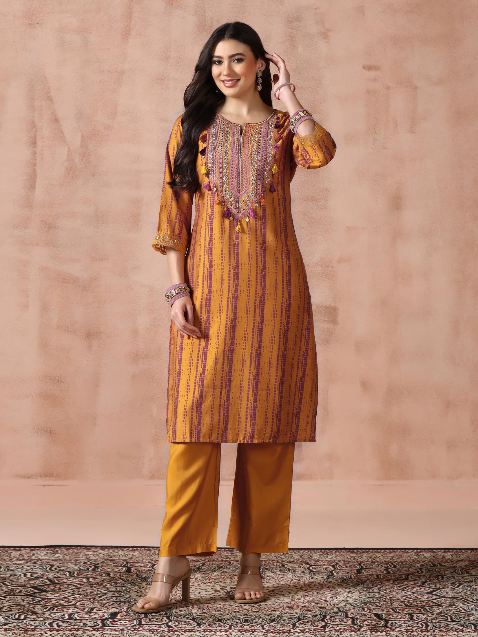 Women Liva Mustard Embroidered Kurta Comfort Pant Dupatta.