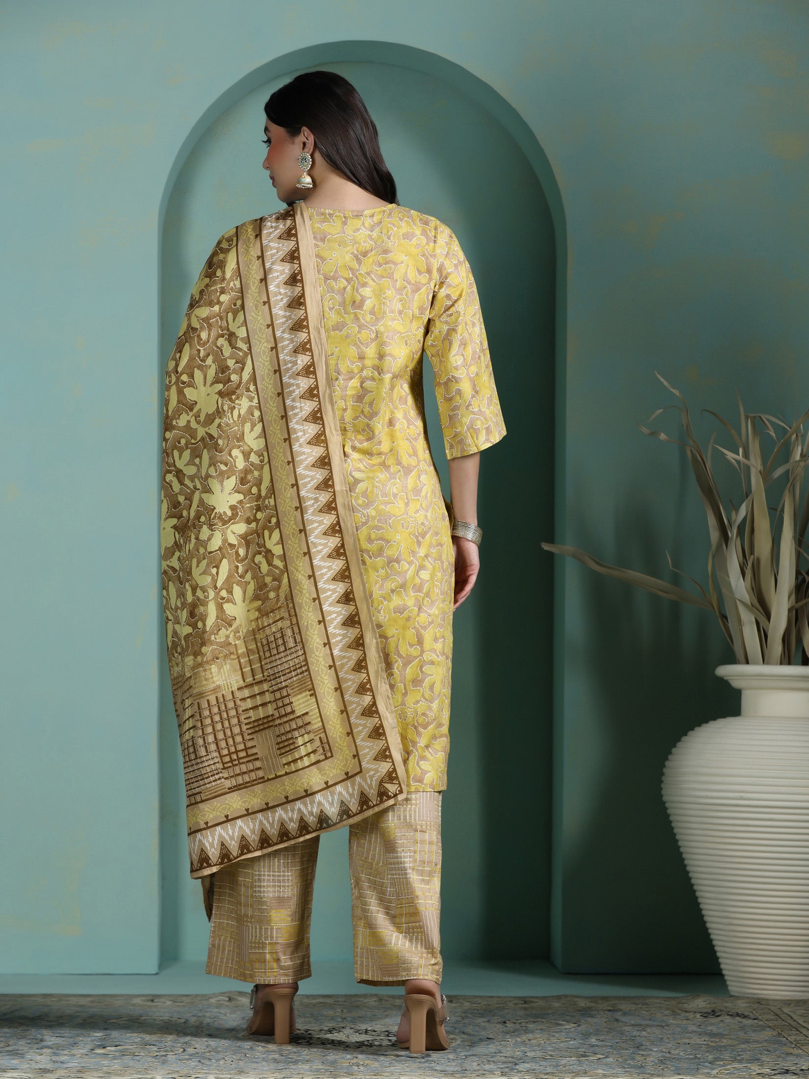 Women Cotton Mustard Abstract Print Kurta Comfort Pant Dupatta