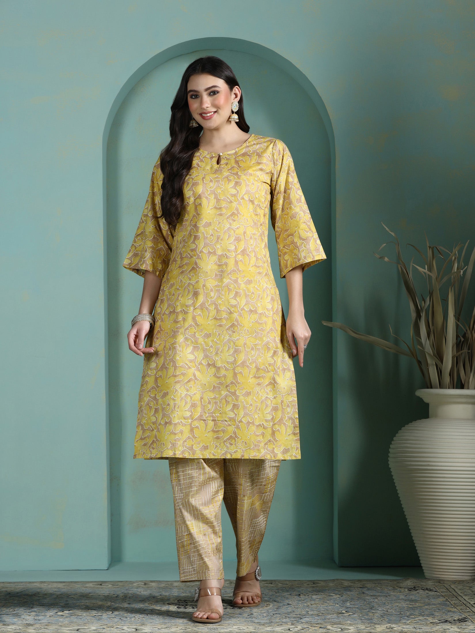 Women Cotton Mustard Abstract Print Kurta Comfort Pant Dupatta