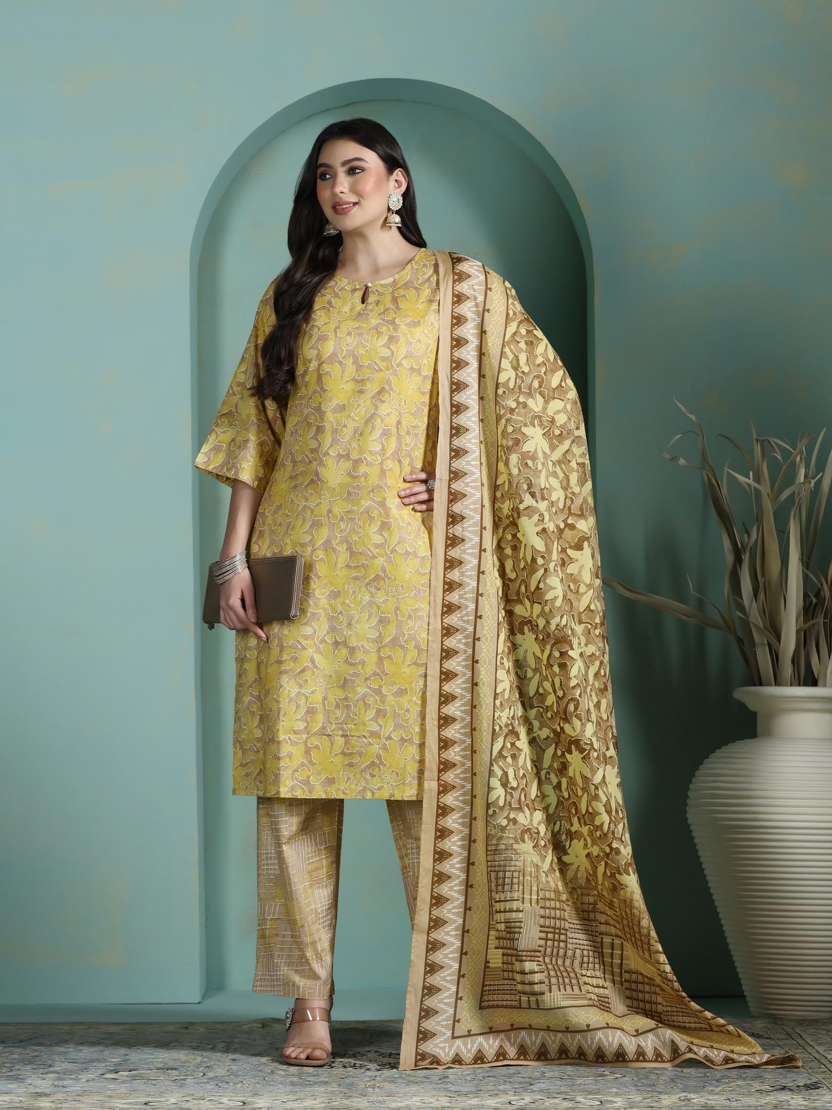 Mustard yellow abstract block print cotton regular fit dupatta suit set