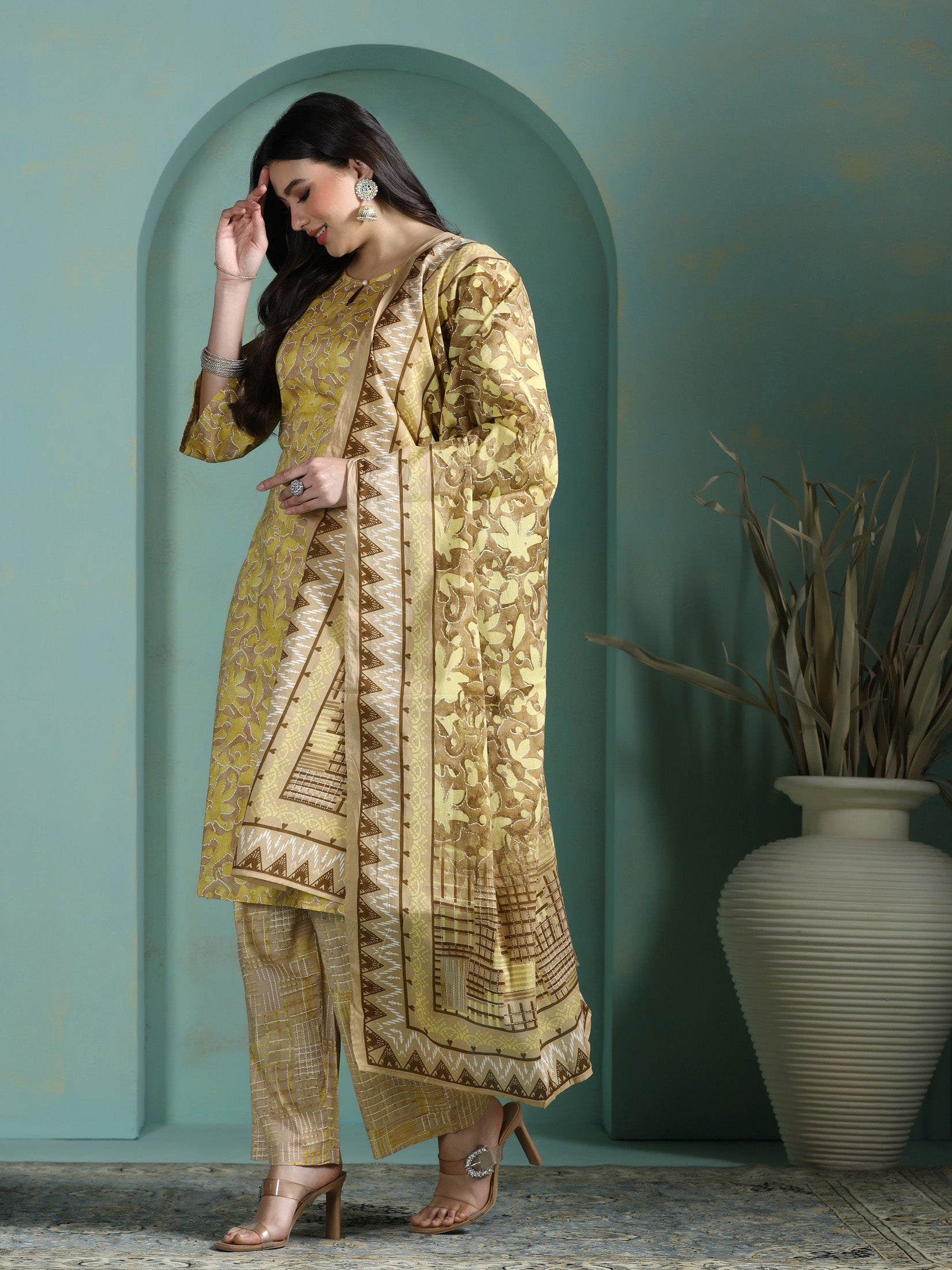 Women Cotton Mustard Abstract Print Kurta Comfort Pant Dupatta