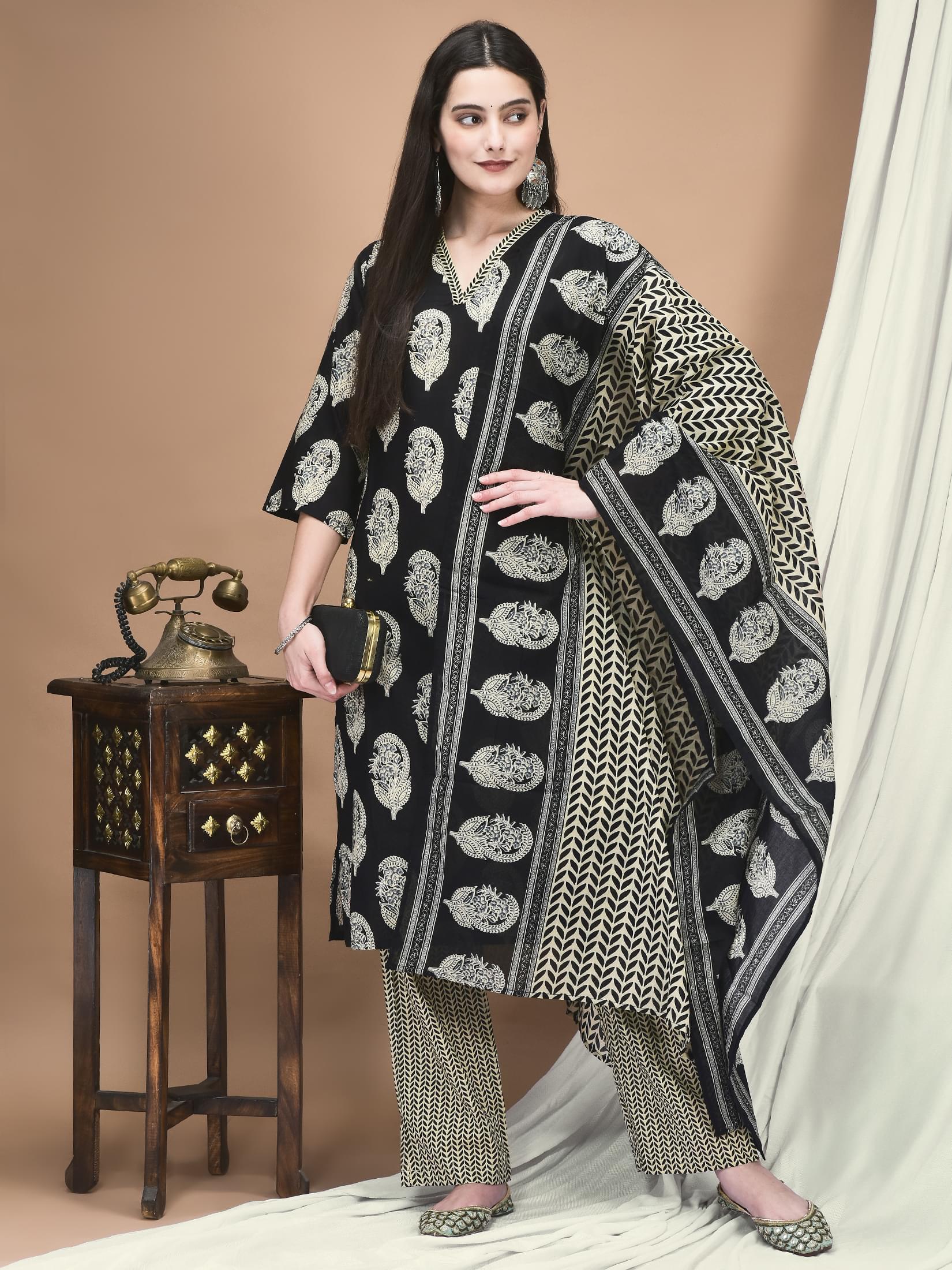 Charcoal black ethnic print pure cotton straight kurta comfort trousers suit