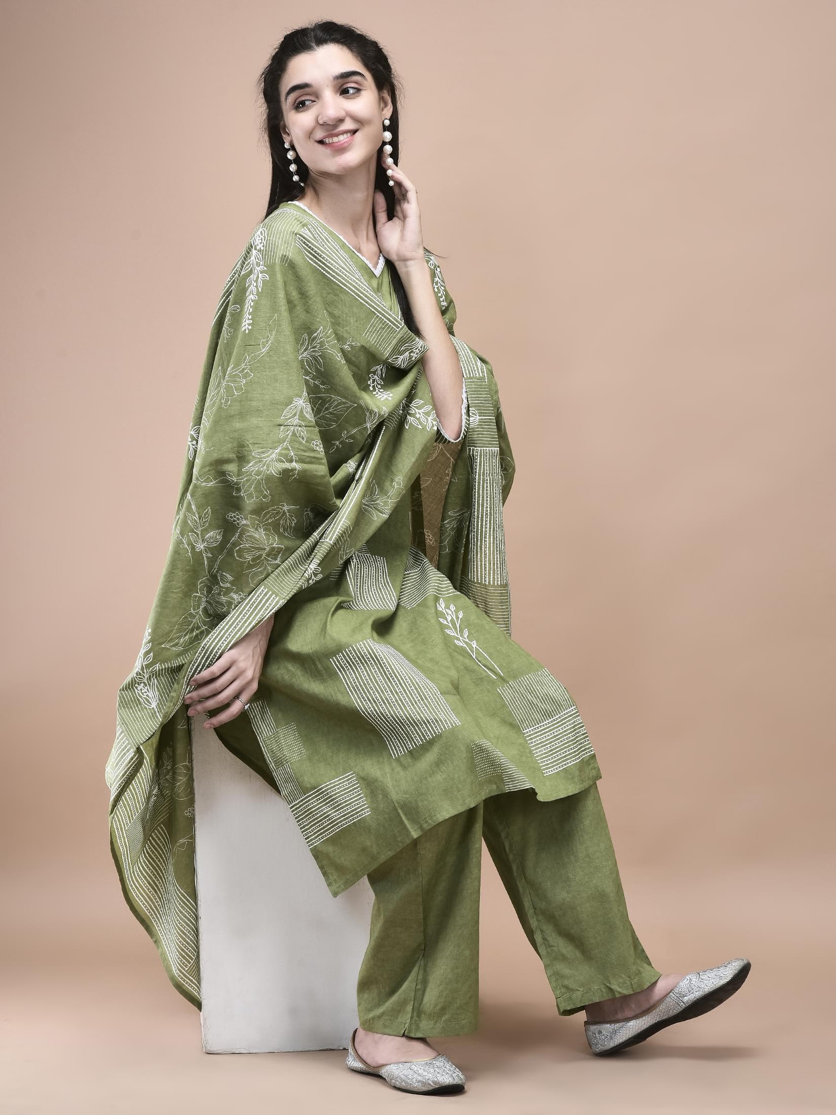 Meadow green abstract pattern print cotton regular line kurta trouser suit