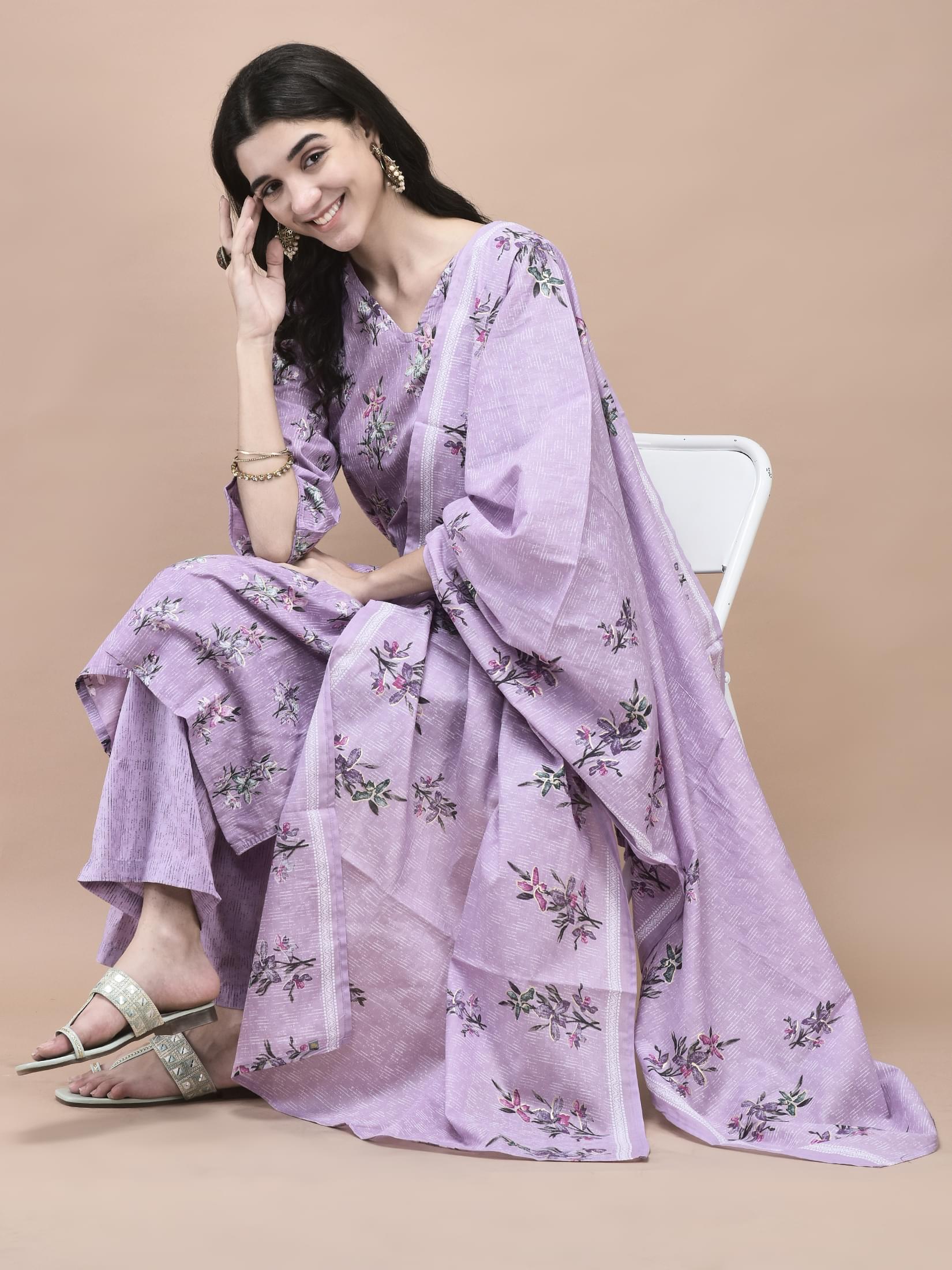 Lavender lilac floral motif printed cotton casual straight silhouette suit set