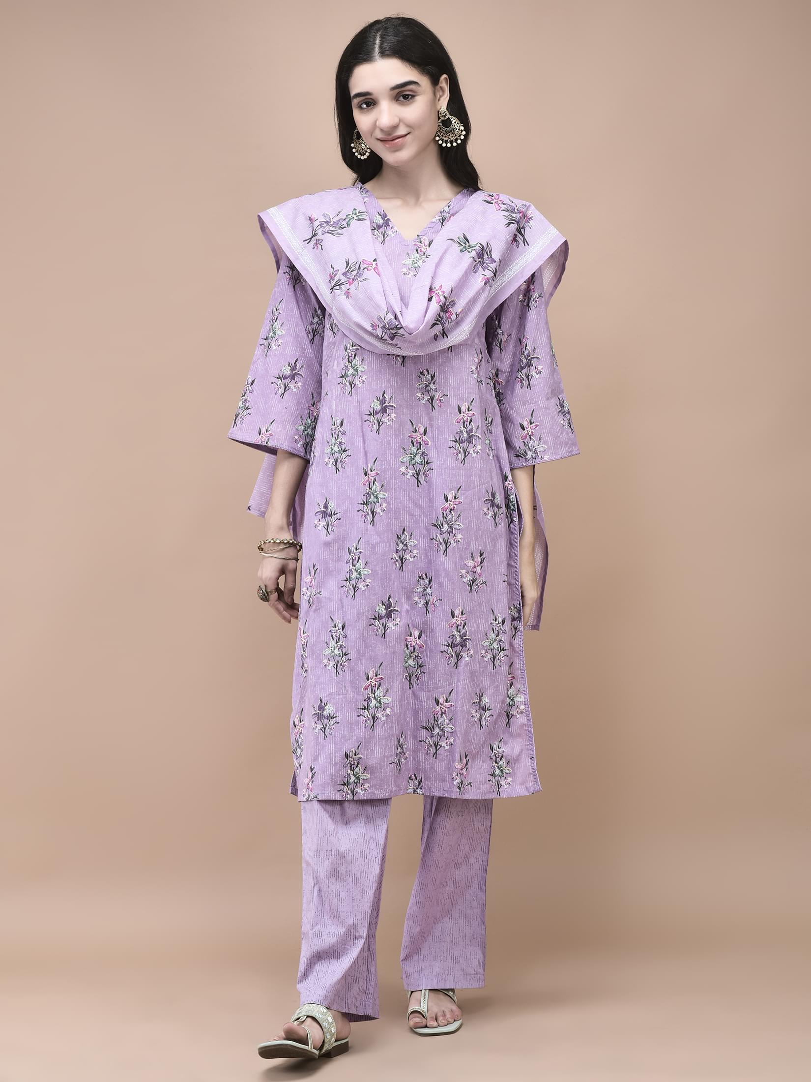 Women Cotton Lilac Floral Print Kurta Comfort Pant Dupatta.