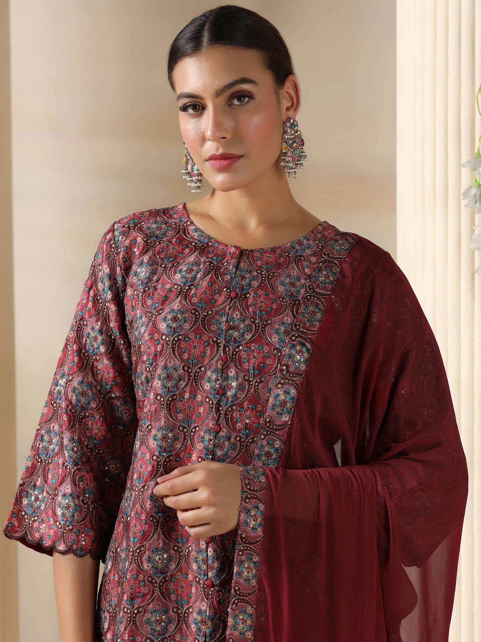 Women Chinon Dusty Pink Embroidered Kurta Sharara Dupatta.