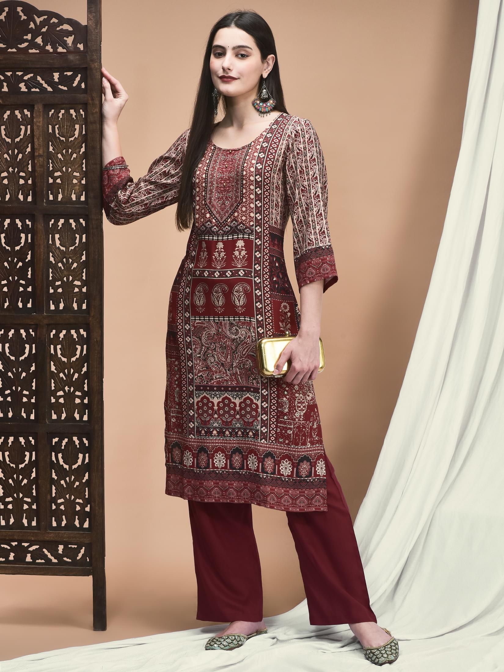 Deep maroon ornamental motif print Liva fabric straight kurta comfort pant set