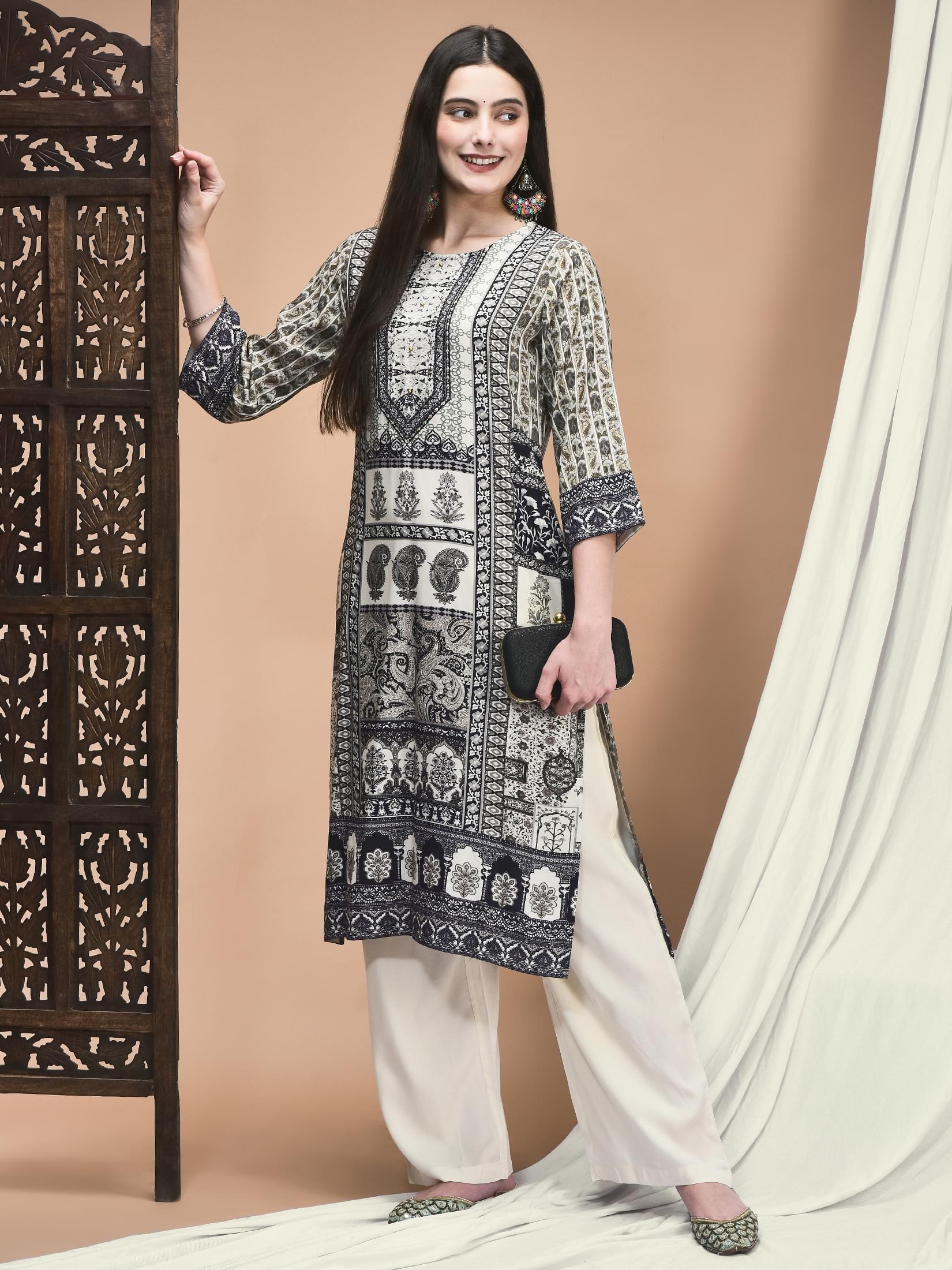 Women Liva Grey Ornamental Print Kurta With Comfort Pant.