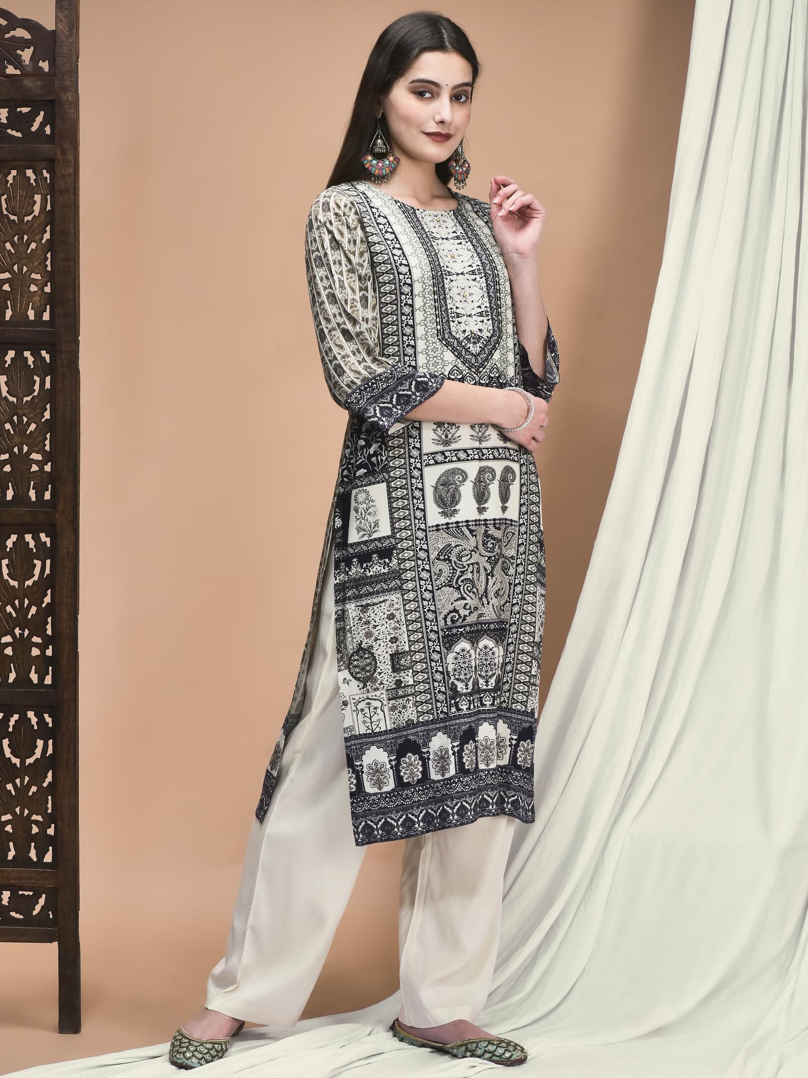 Women Liva Grey Ornamental Print Kurta With Comfort Pant.